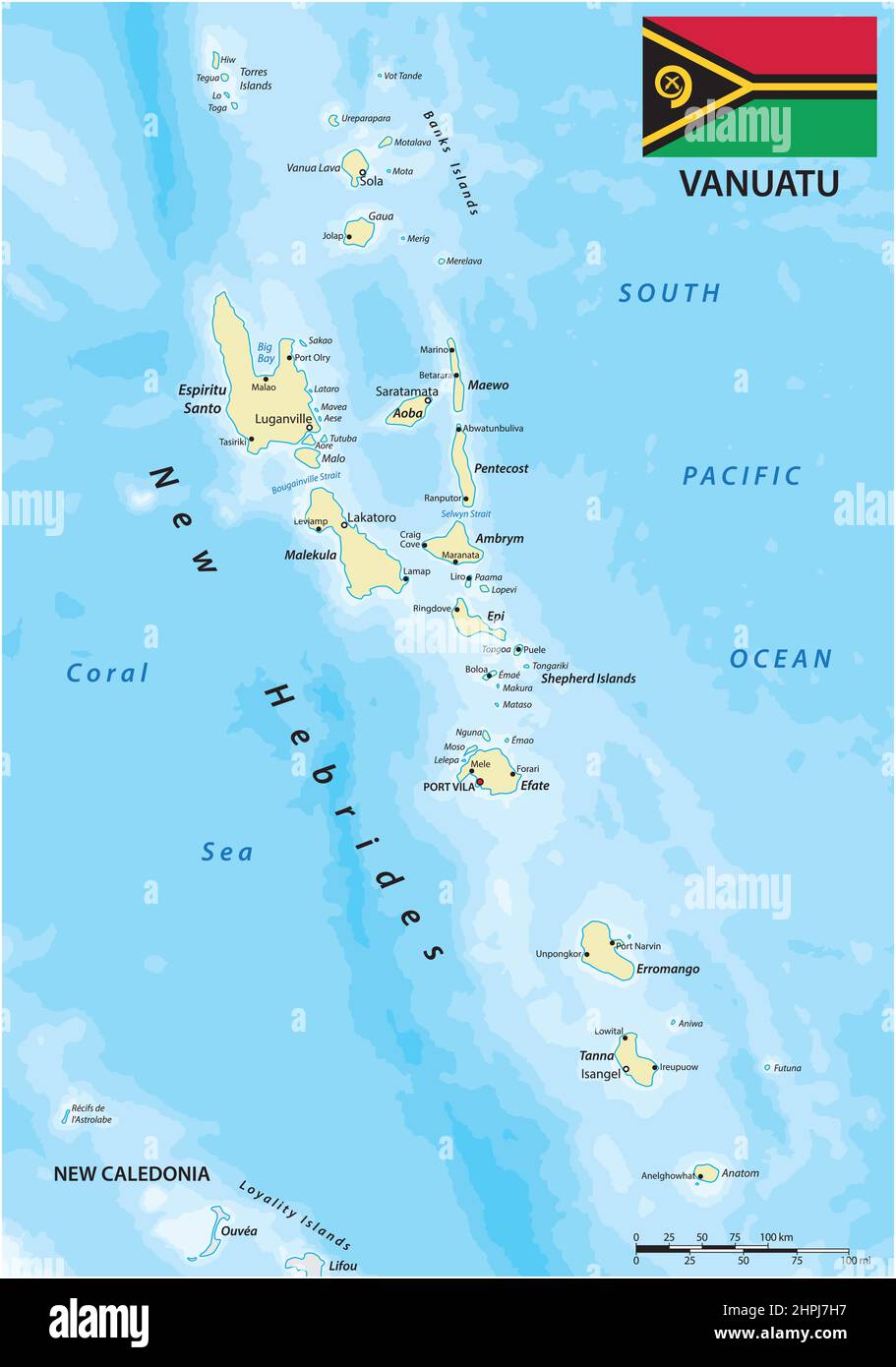 Vector map of the island nation of Vanuatu in the South Pacific Stock Vector