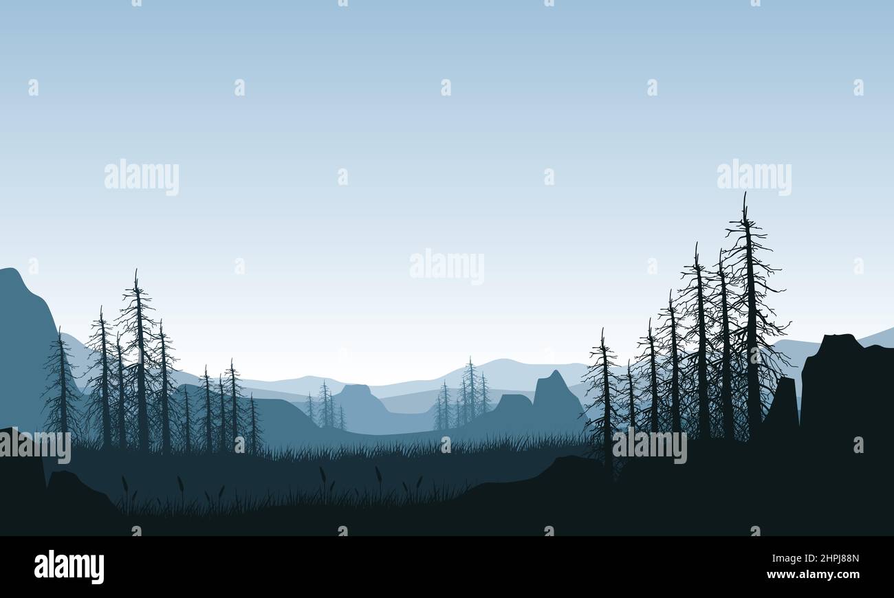 Mountain landscape with the aesthetic silhouette of dry pine trees in ...