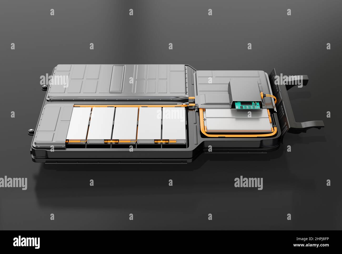 Cutaway view of electric vehicle battery pack on black background. 3D rendering image. Stock Photo
