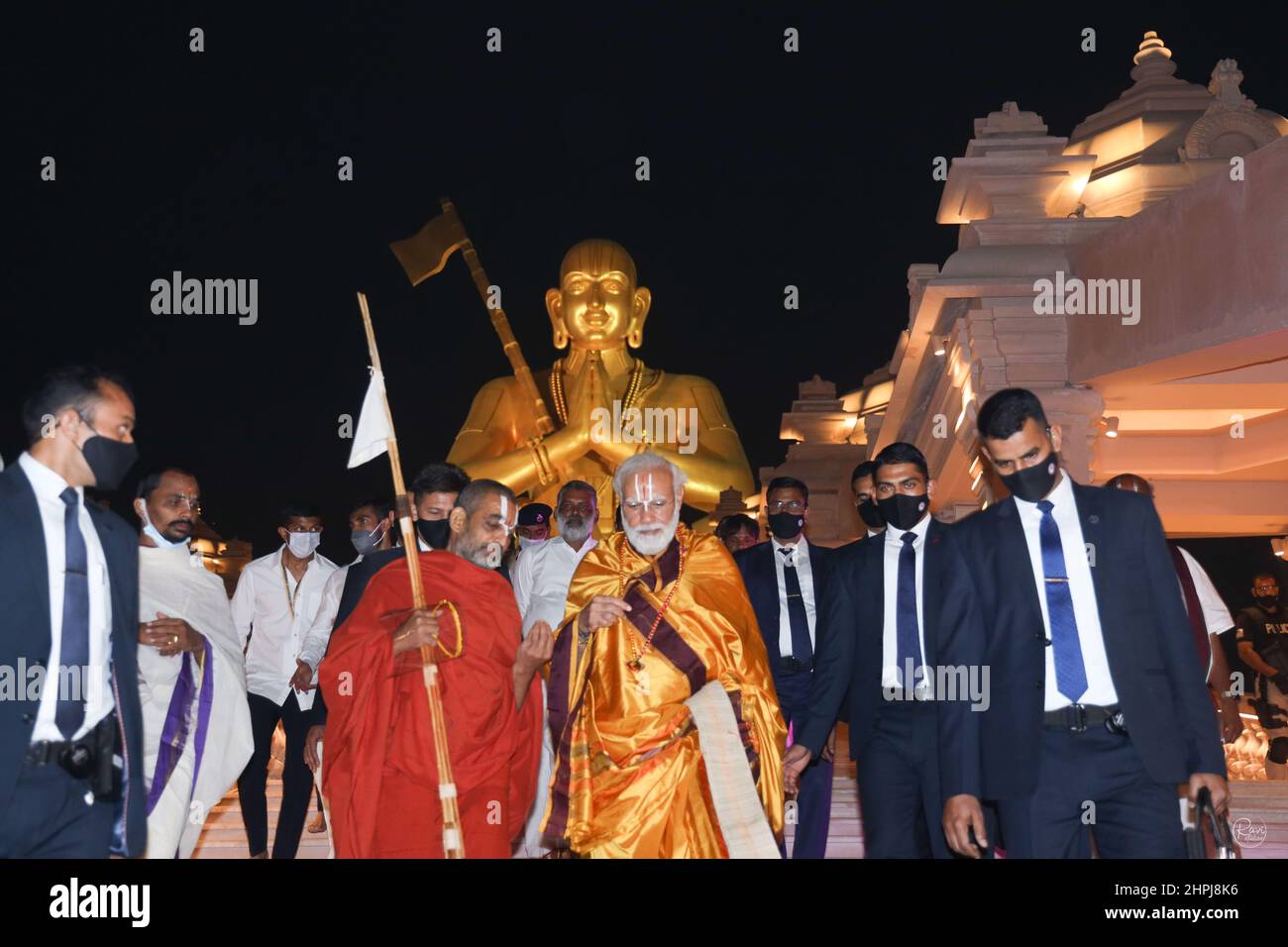 Ramanuja Statue of Equality dedication, Chinna Jeeyar Swamy with Narendra Modi, Hyderabad, Telengana, India Stock Photo
