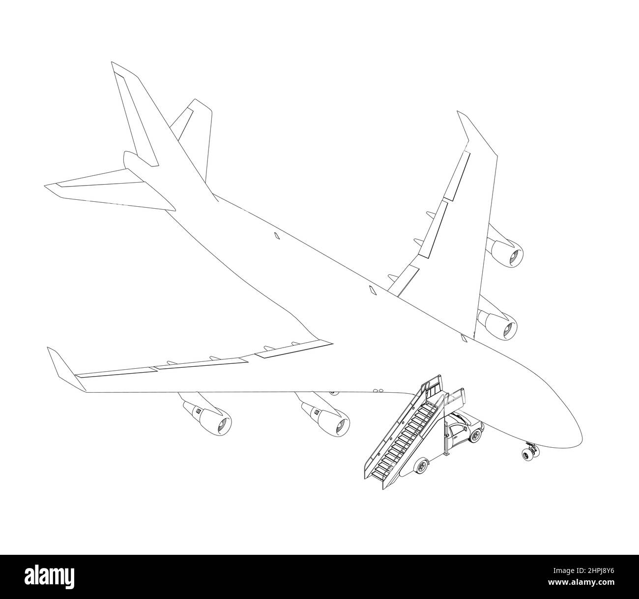 The contour of a passenger plane with an approached ladder for disembarking people from black lines isolated on a white background. Isometric view. Ve Stock Vector