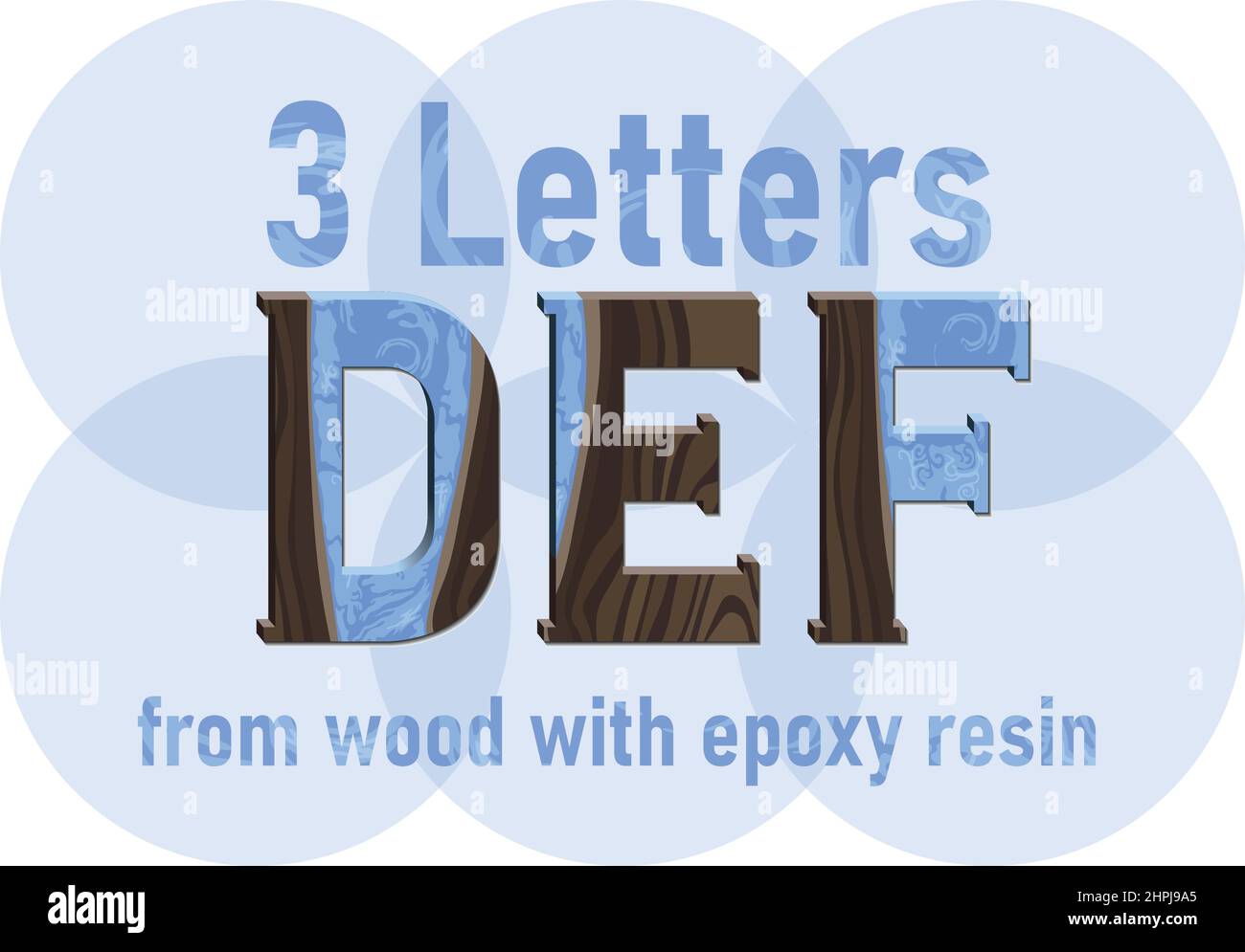 Illustration of letters D, E and F made of wood and epoxy resin on a white background. Wood and blue epoxy resin, epoxy resin countertop, ready to use Stock Vector