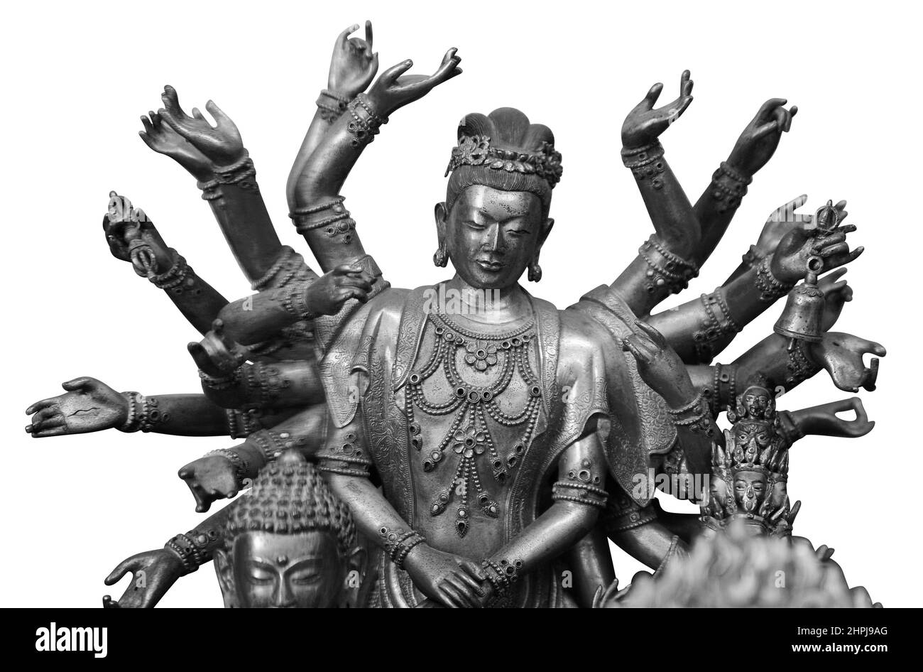 Multi armed Shiva statue isolated on white background with clipping path. Buddha statue with many arms in a Buddhist temple Stock Photo