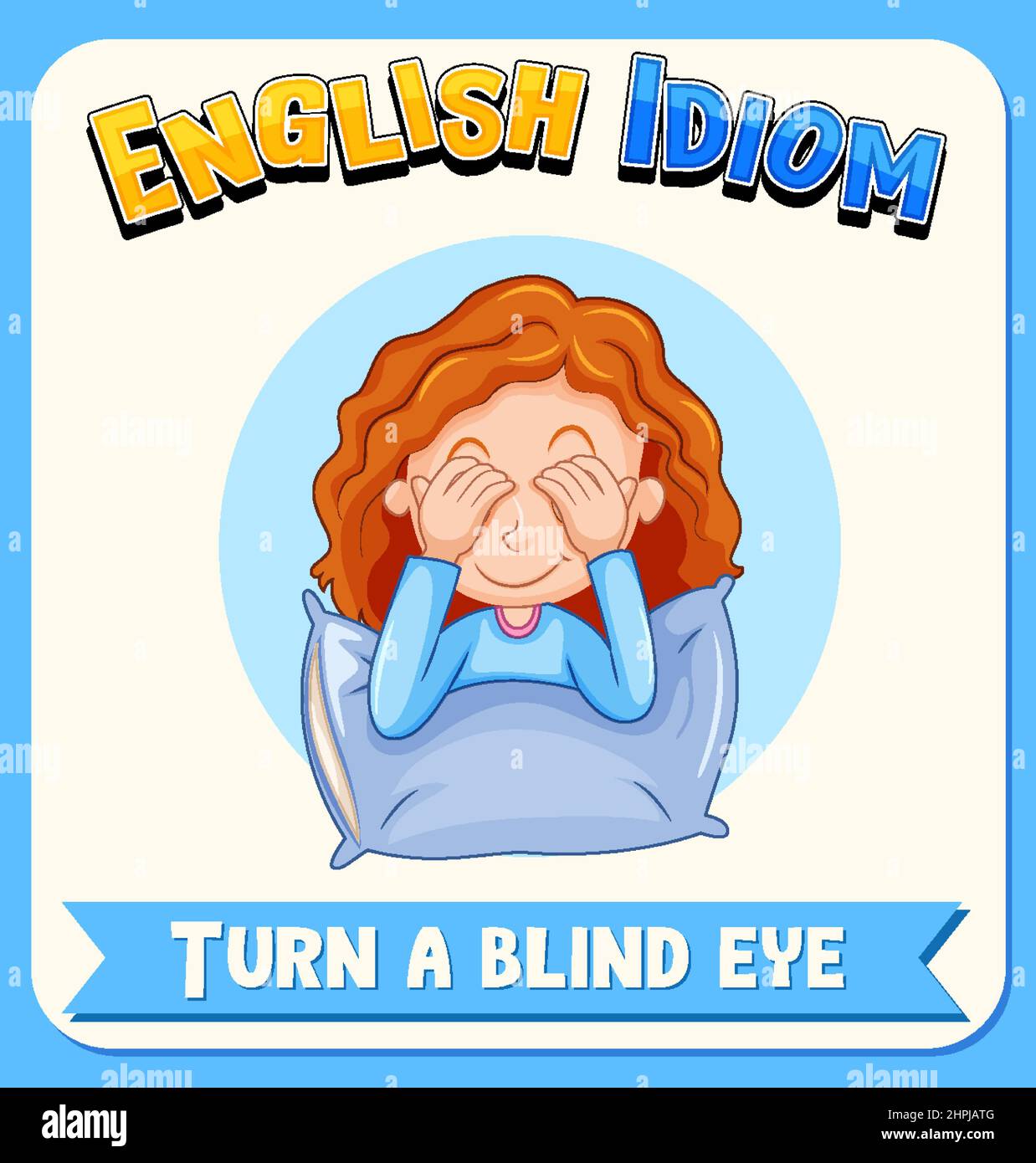 English idiom with picture description for turn a blind eye illustration Stock Vector