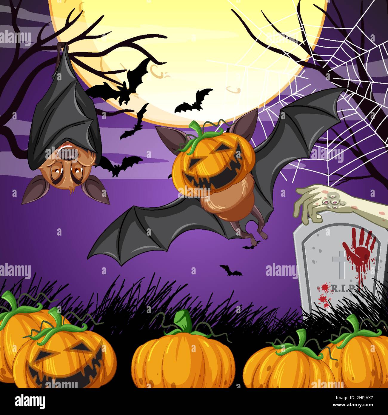 Halloween night scene with group of bats in cartoon style illustration ...