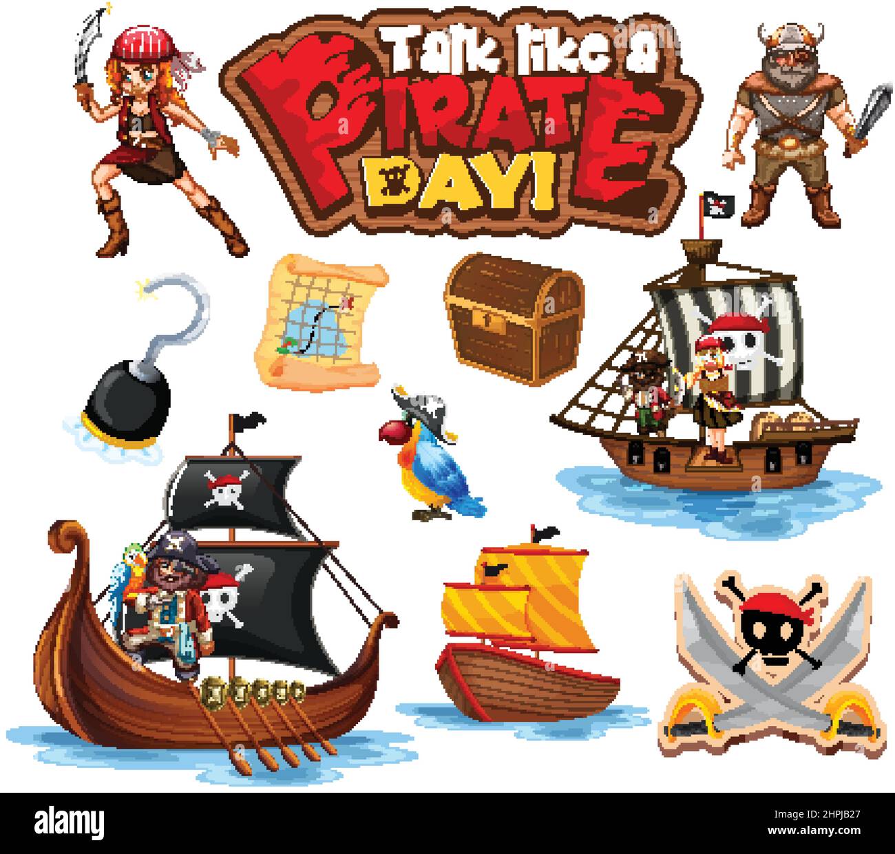 Set of pirate cartoon characters and objects illustration Stock Vector ...