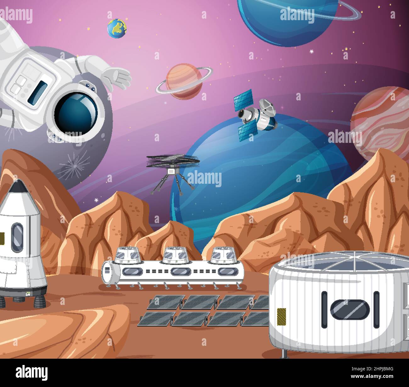 Landscape of planet surface with colony buildings illustration Stock ...