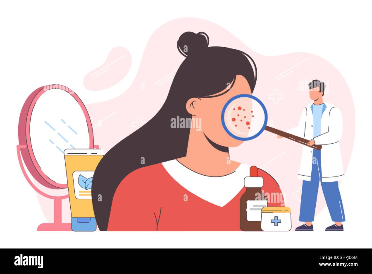 Flat woman face with skin diseases. Rashes, acne or dermatology ...