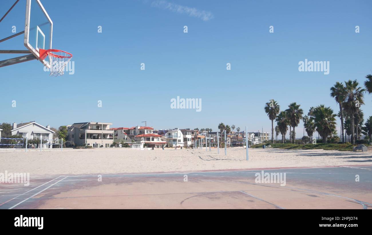 Basketball court with hoop, net and backboard for basket ball game on