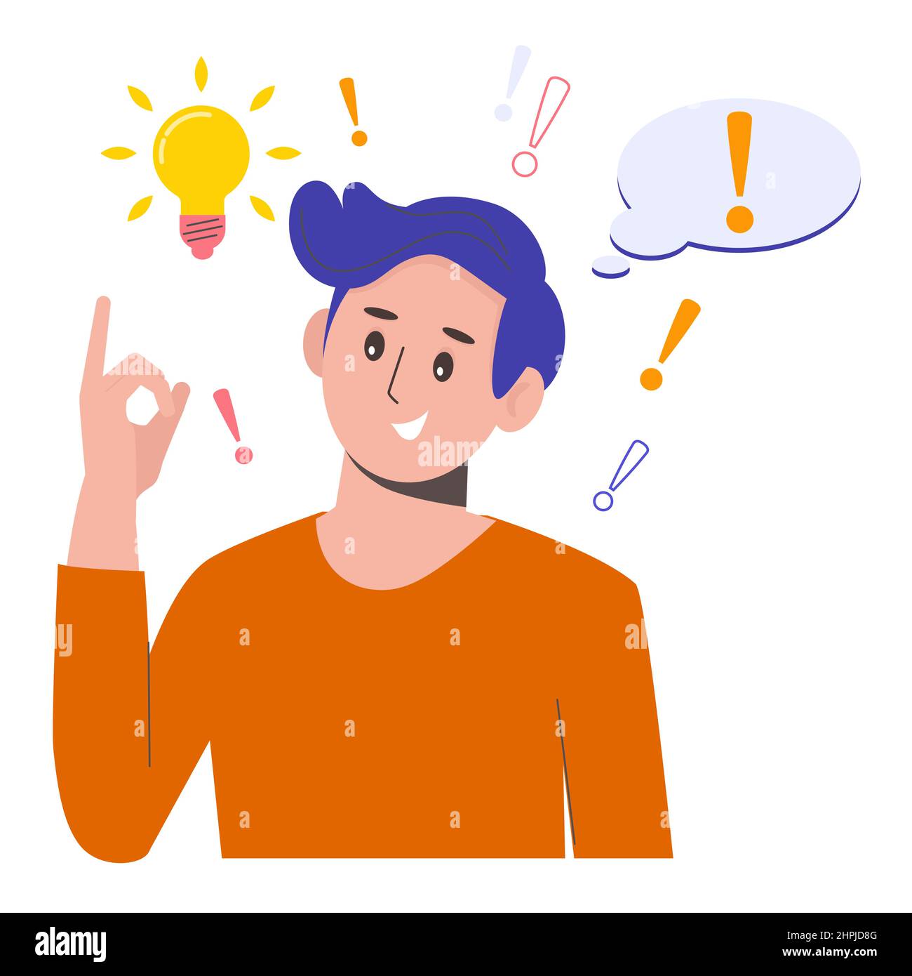 Problem solving concept. A man thinks and solves a problem. A luminous bulb as symbol of the appearance of a creative idea. Cartoon flat illustration Stock Vector