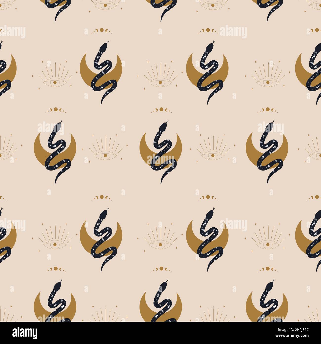 Seamless pattern with boho magic snake and moon. Mystical symbol in a ...