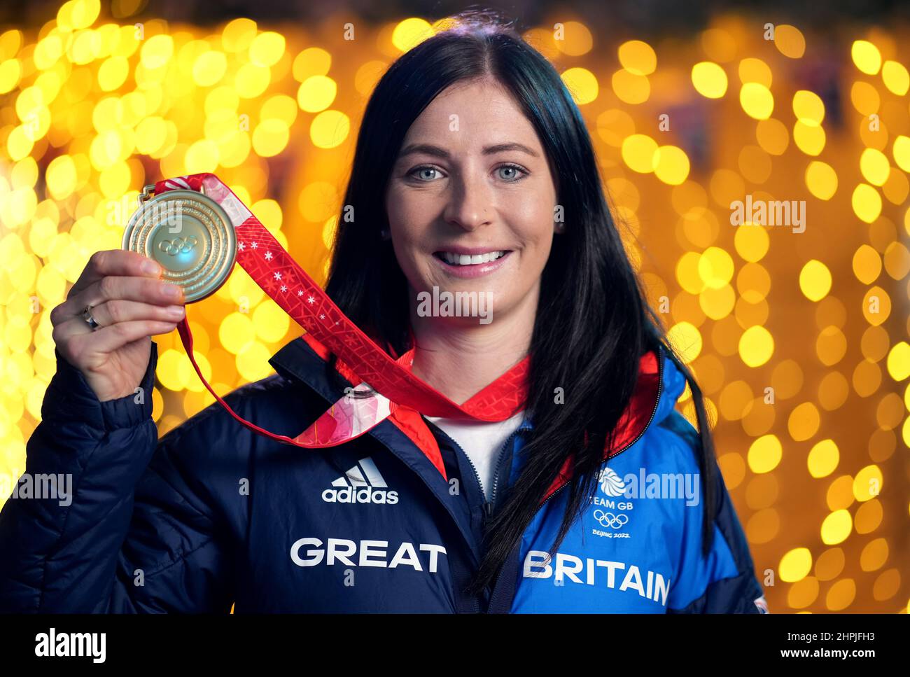 Great Britain's Eve Muirhead with an Olympic Gold Medal at The Curling