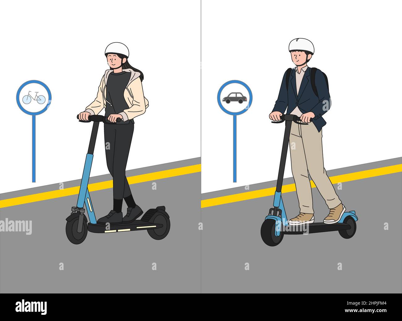 electric scooter safety regulations, use bicycle and vehicle road Stock