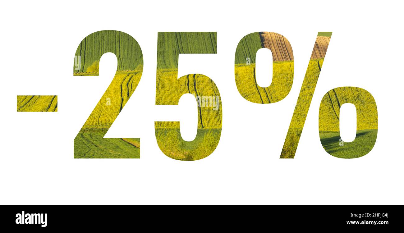 25 %-image composed of numbers on a white background cut from green spring fields Stock Photo