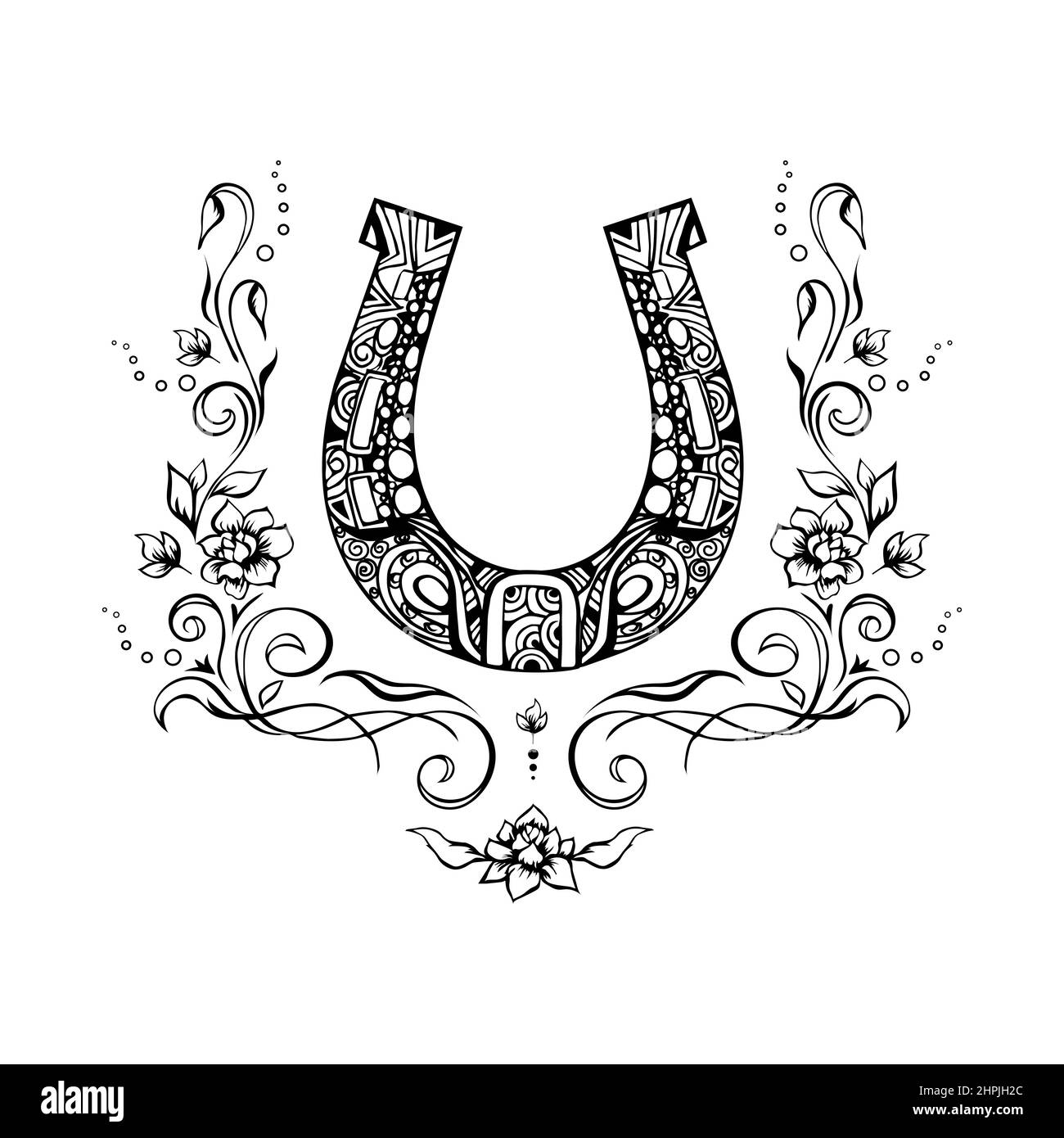 Ornate horseshoe with flowers and flourishes around, sketchy ink hand drawn design element. Grungy tattoo, zentangle style symbol of luck Stock Vector