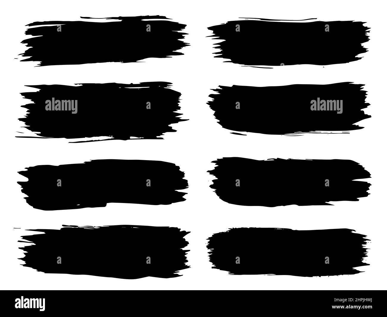 Collection of artistic grungy black paint hand made creative brush stroke set isolated on white background. 3d illustration of a group of abstract gru Stock Photo