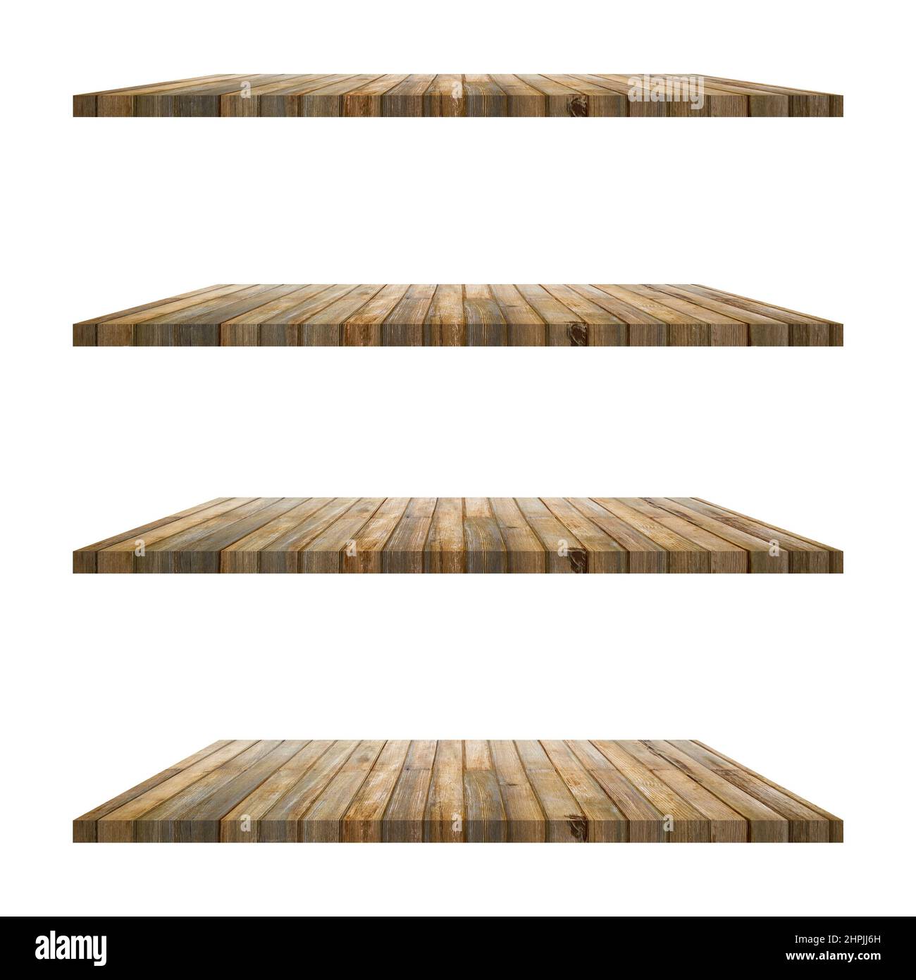 4 old wood shelves table isolated on white background and display ...