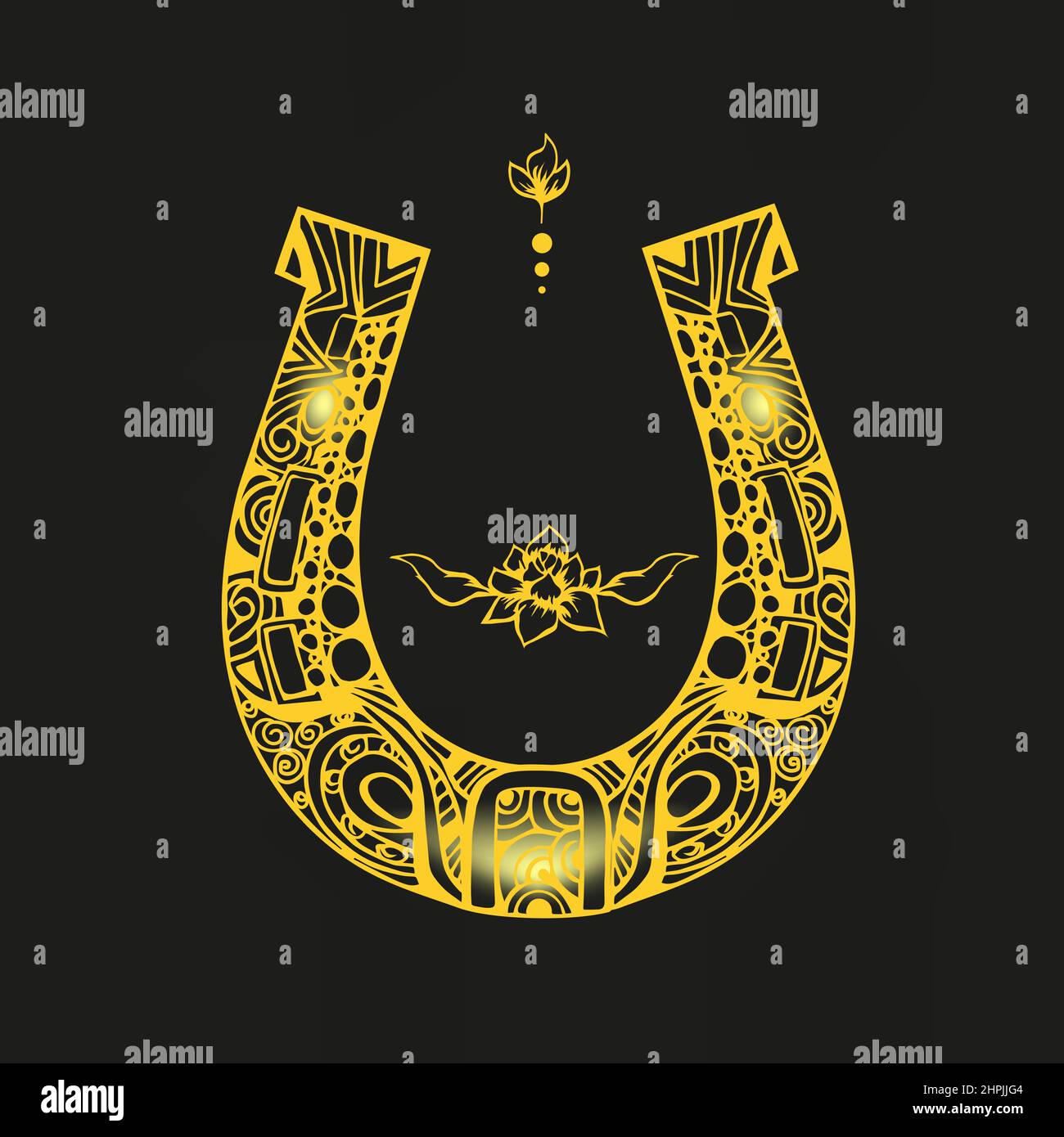 Ornate horseshoe with flowers and flourishes around, sketchy ink hand drawn design element. Grungy tattoo, zentangle style symbol of luck Stock Vector