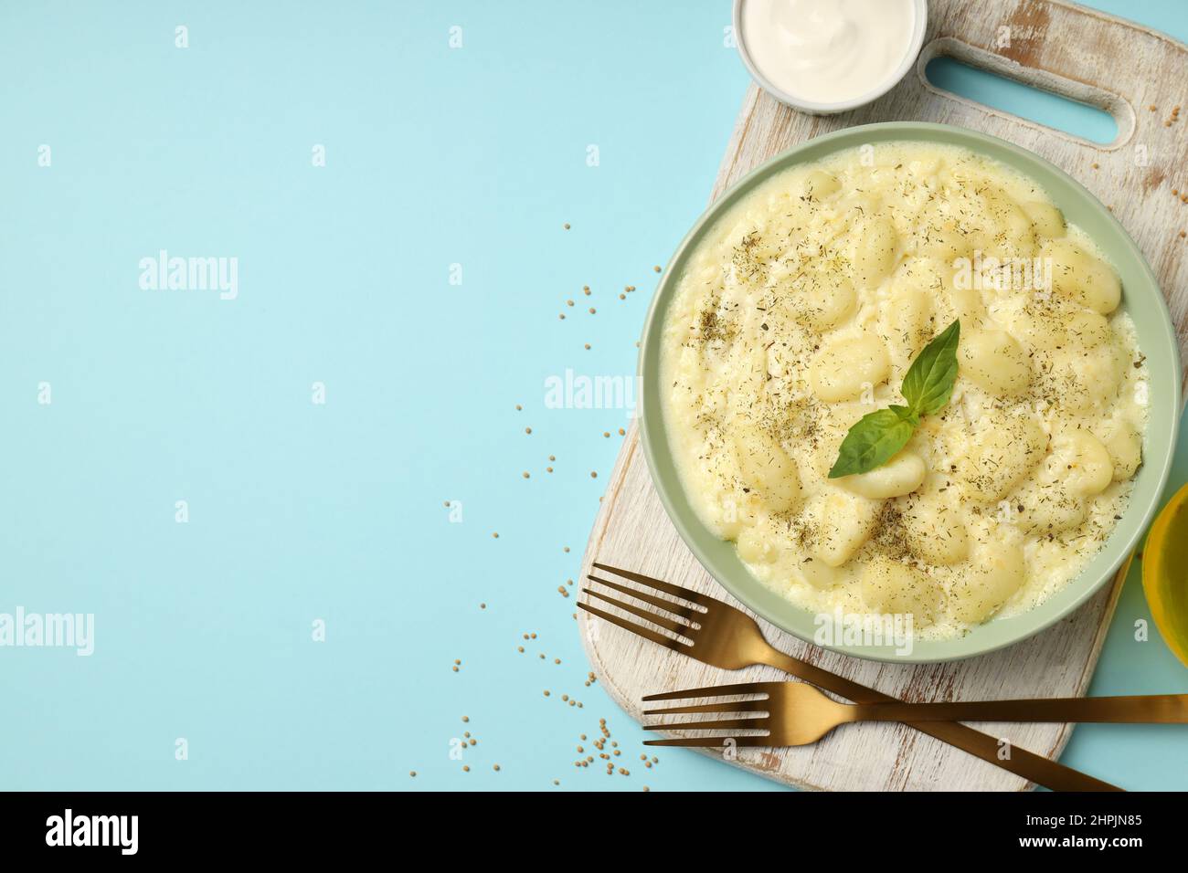 Concept of tasty food with gnocchi, space for text Stock Photo