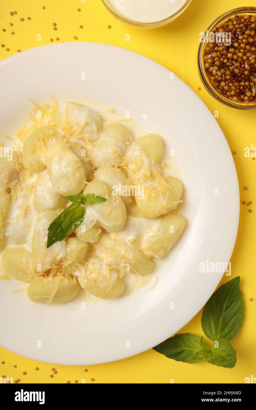 Concept of tasty food with gnocchi, top view Stock Photo