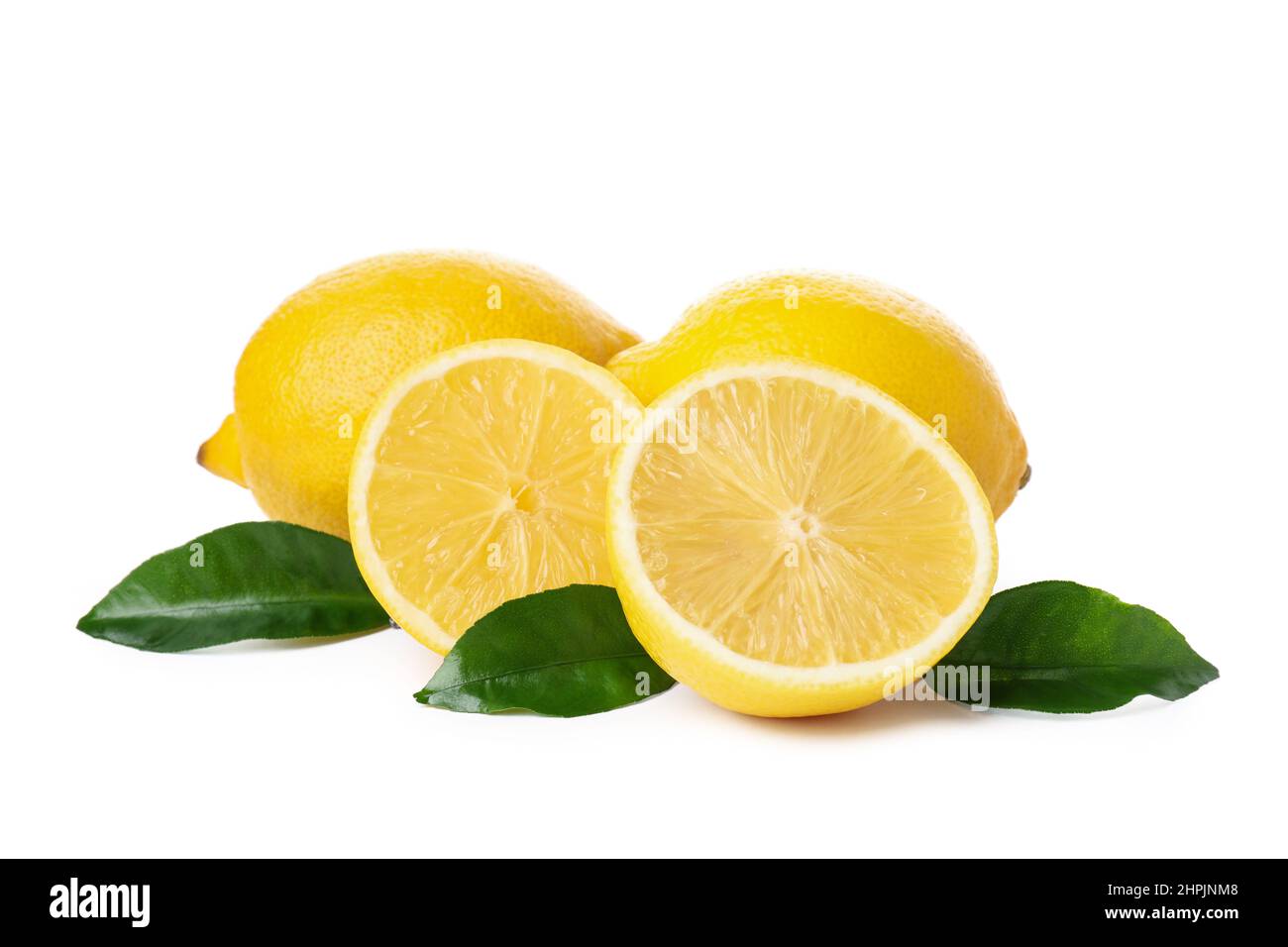Lemons with leaves isolated on white background Stock Photo