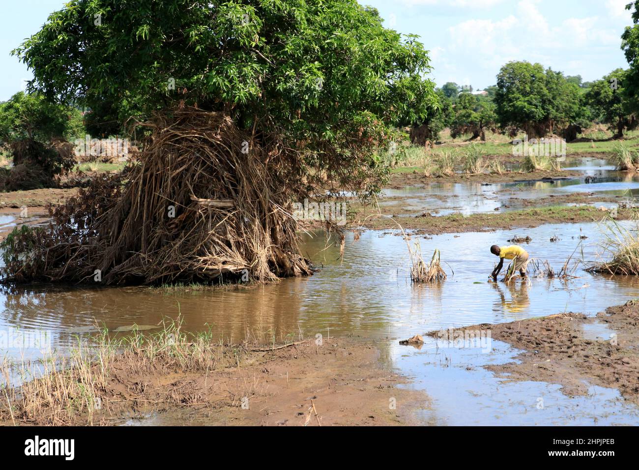 A man is seen walking in flood waters in Chikwawa district Malawi. The floods were caused by Tropical Cyclone ana. Malawi. Stock Photo