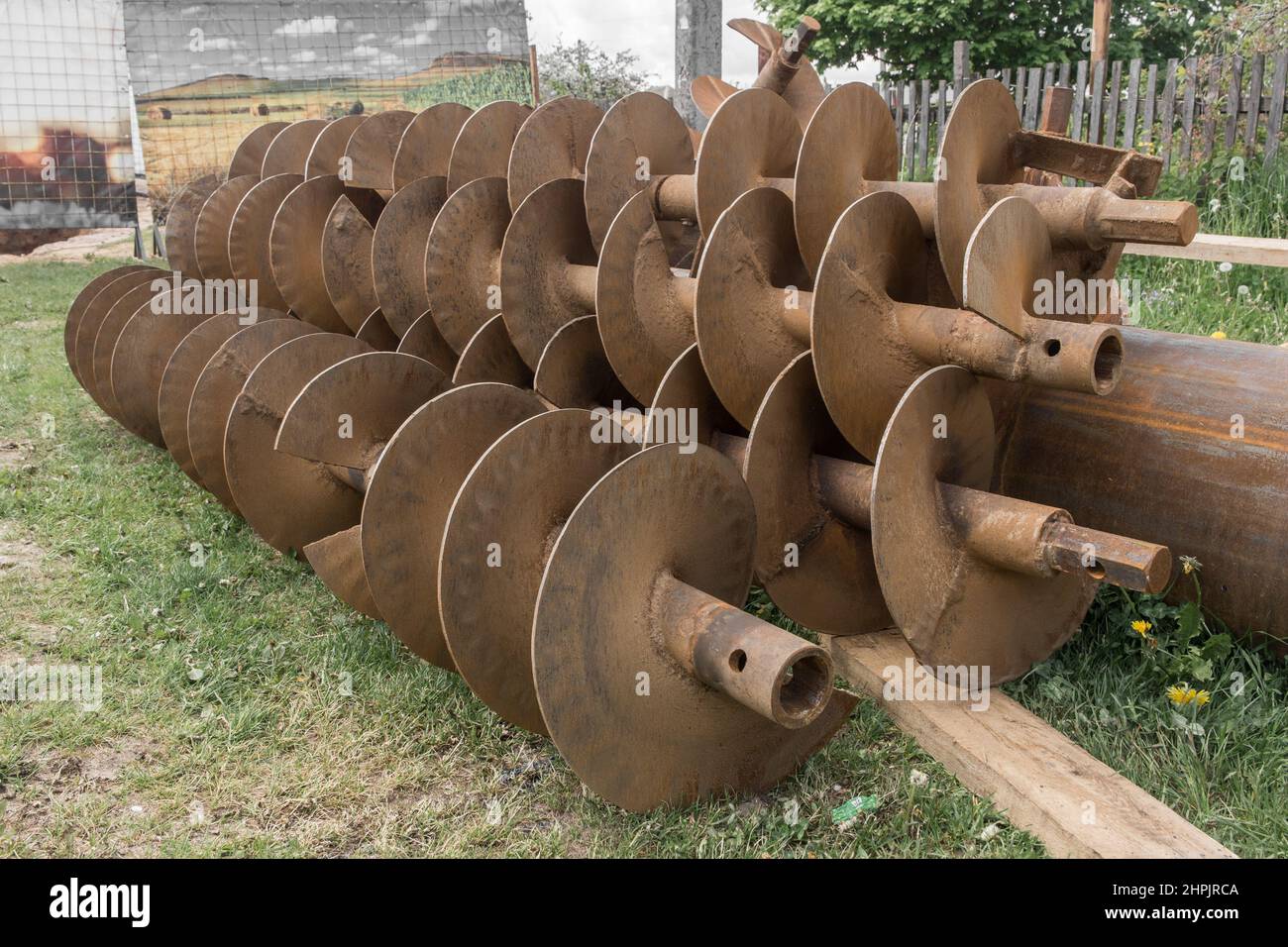 Huge heavy industrial drilling tools and drill equipment for drilling rig industry outdoor construction site. Stock Photo