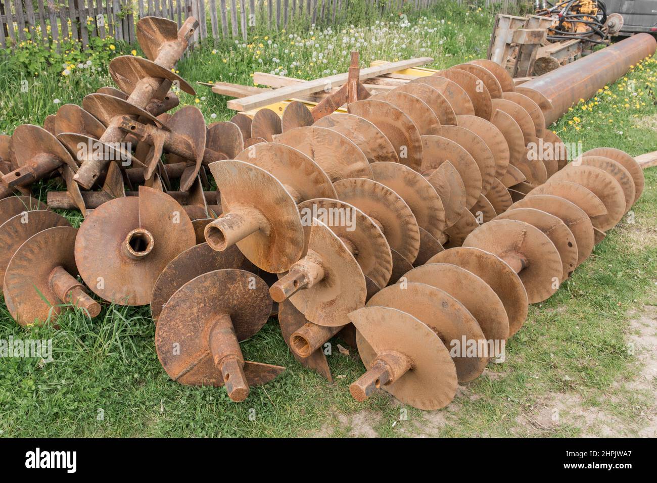 Huge heavy industrial drilling tools and drill equipment for drilling rig industry outdoor construction site. Stock Photo