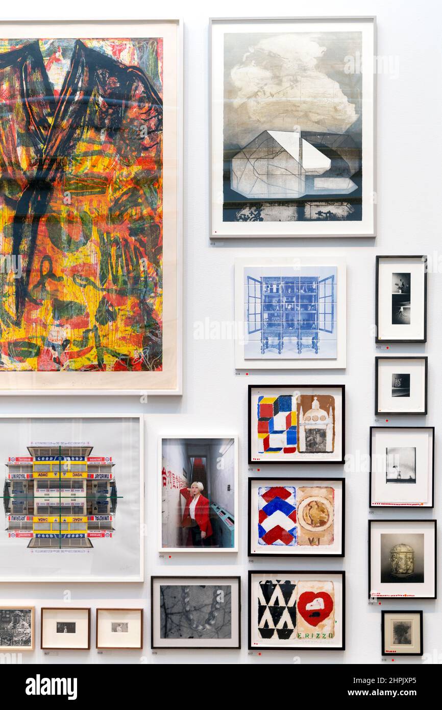 Selection of artworks on the wall at the RA Summer Exhibition 2021, London, UK Stock Photo