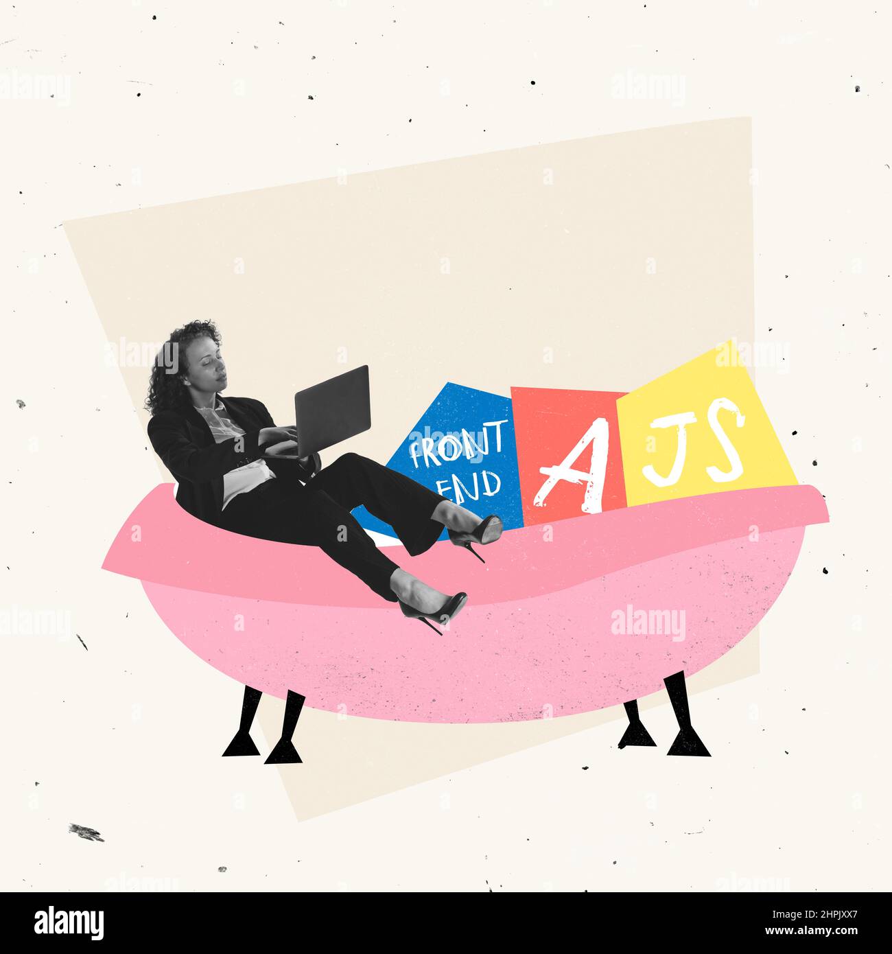 Creative design. Young woman, programmer working on frontend development lying on bath Stock Photo