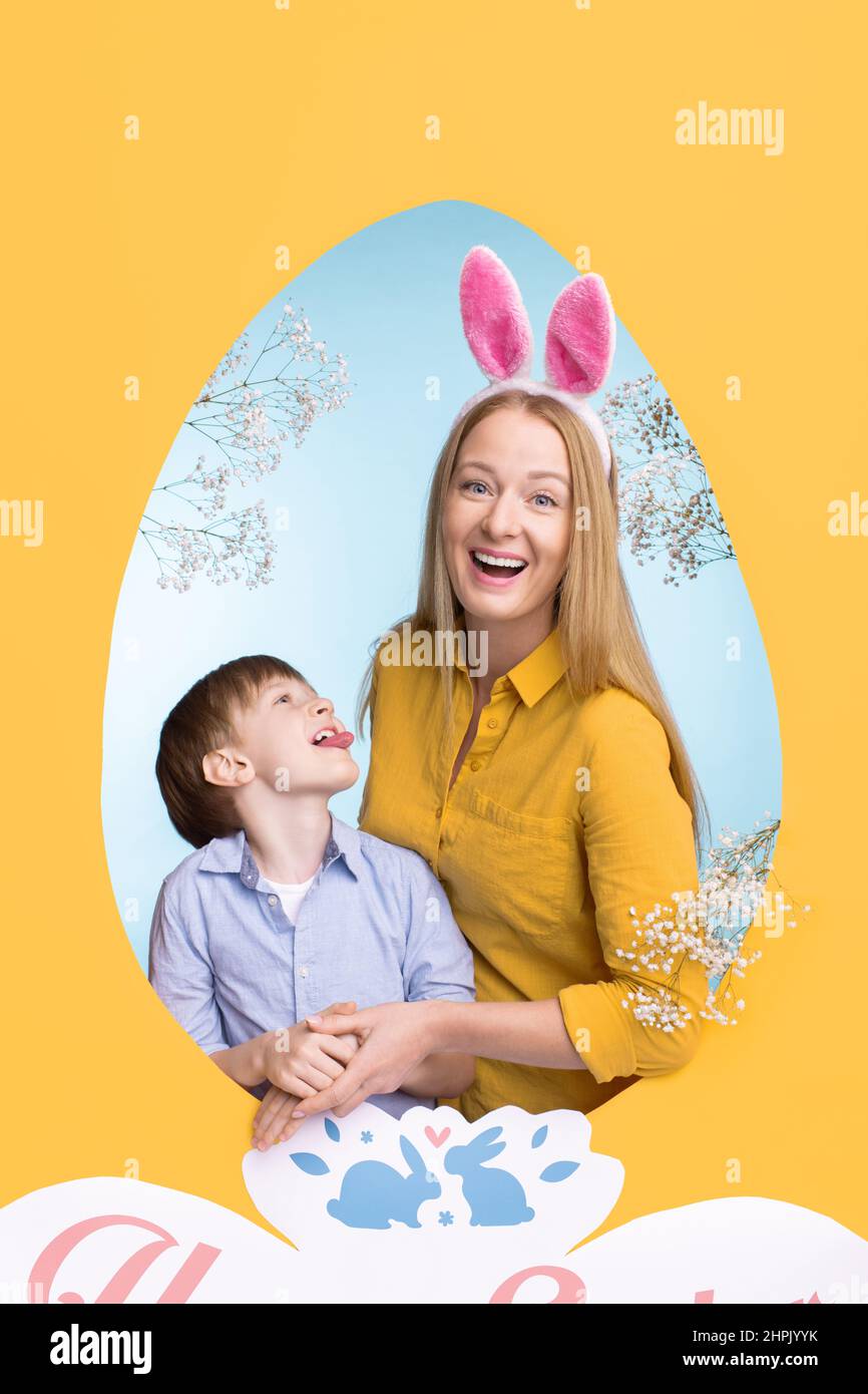 Easter greeting card with egg shaped frame with young cheerful woman laughing and little boy grimacing and looking at her Stock Photo