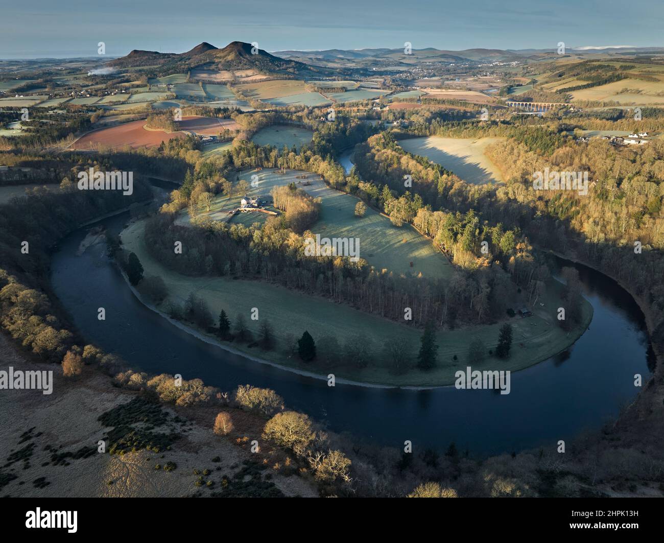 Aerial shot from drone of Scott's View and the Eildon Hills in the Scottish Borders on a bright February day. Stock Photo