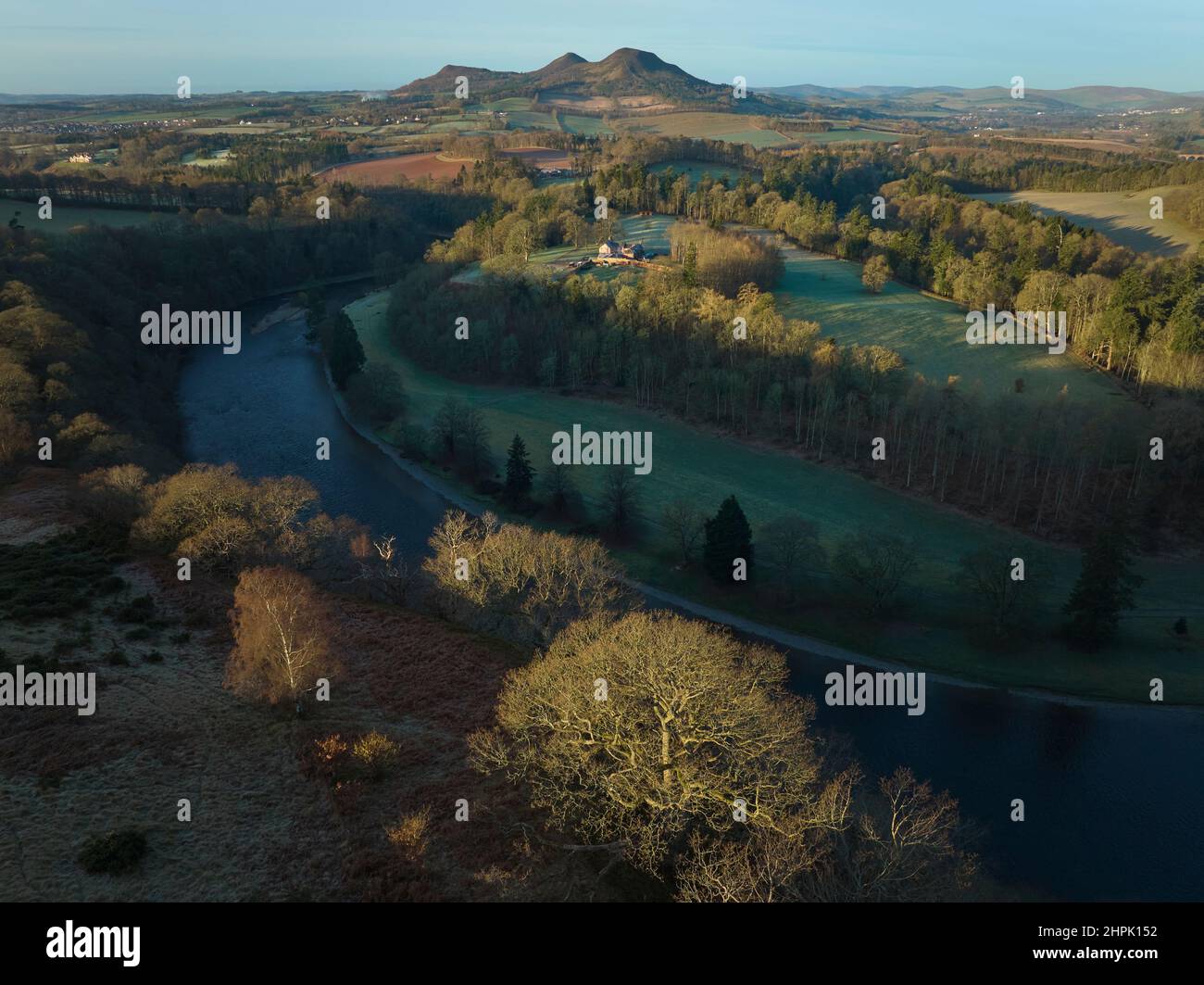 Aerial shot from drone of Scott's View and the Eildon Hills in the Scottish Borders on a bright February day. Stock Photo