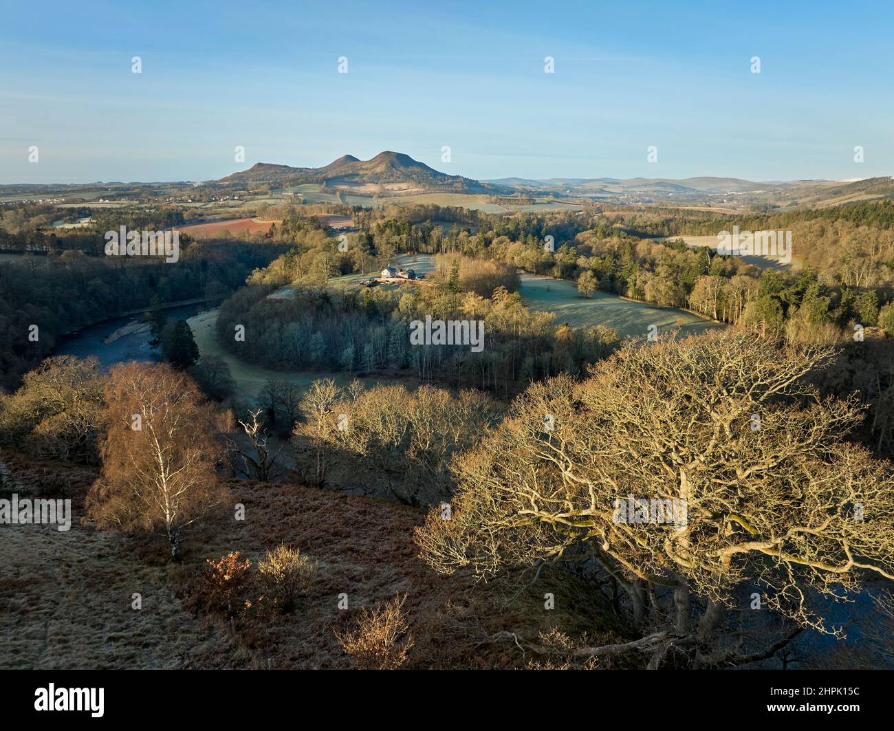 Aerial shot from drone of Scott's View and the Eildon Hills in the Scottish Borders on a bright February day. Stock Photo