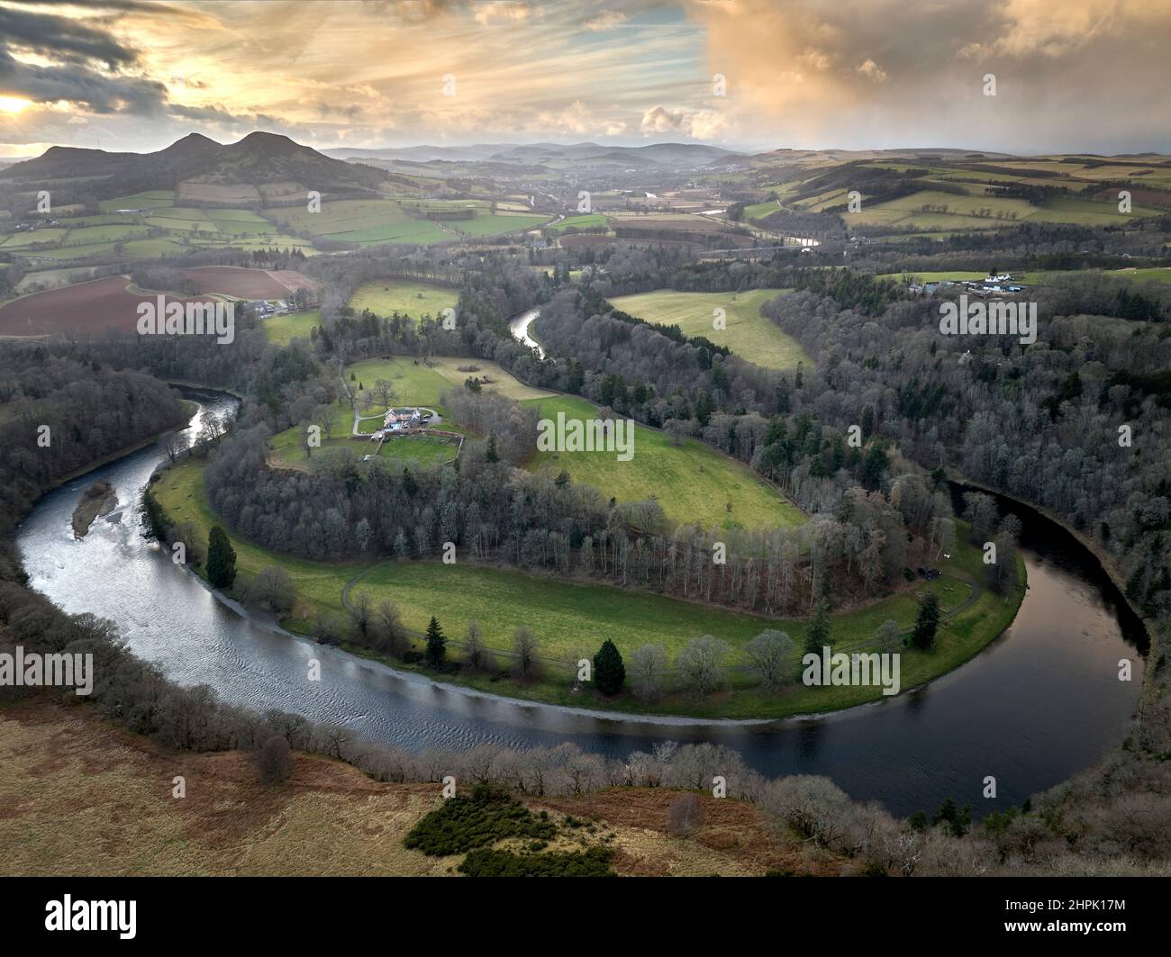 Aerial shot from drone of Scott's View and the Eildon Hills in the Scottish Borders on a bright February day. Stock Photo