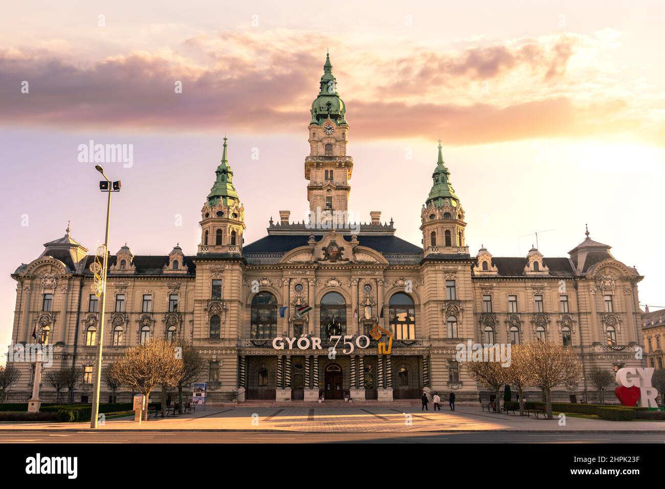 beautiful town hall building of Gyor Hungary sunset . Stock Photo