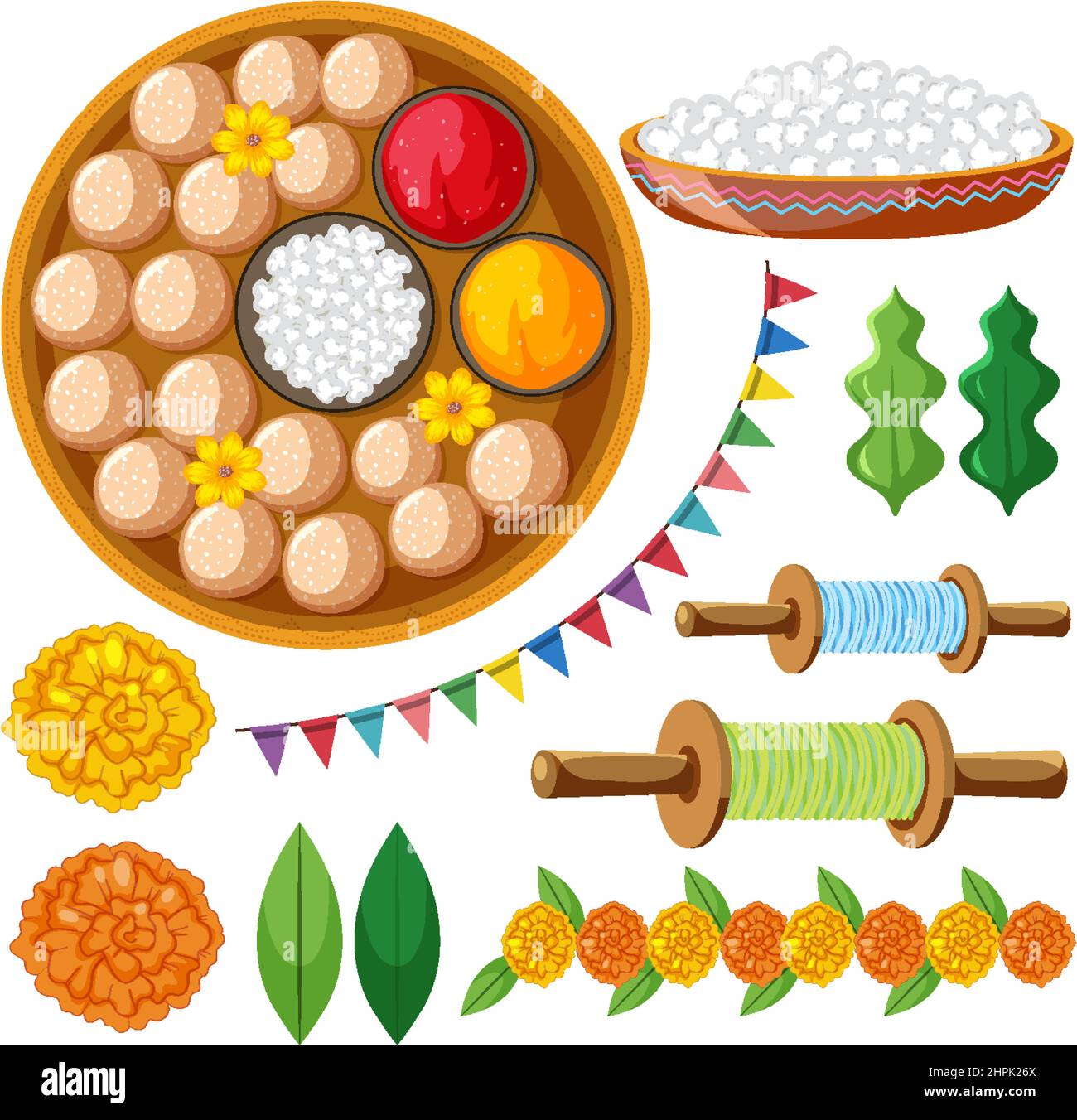 Set of Indian food and offerings illustration Stock Vector