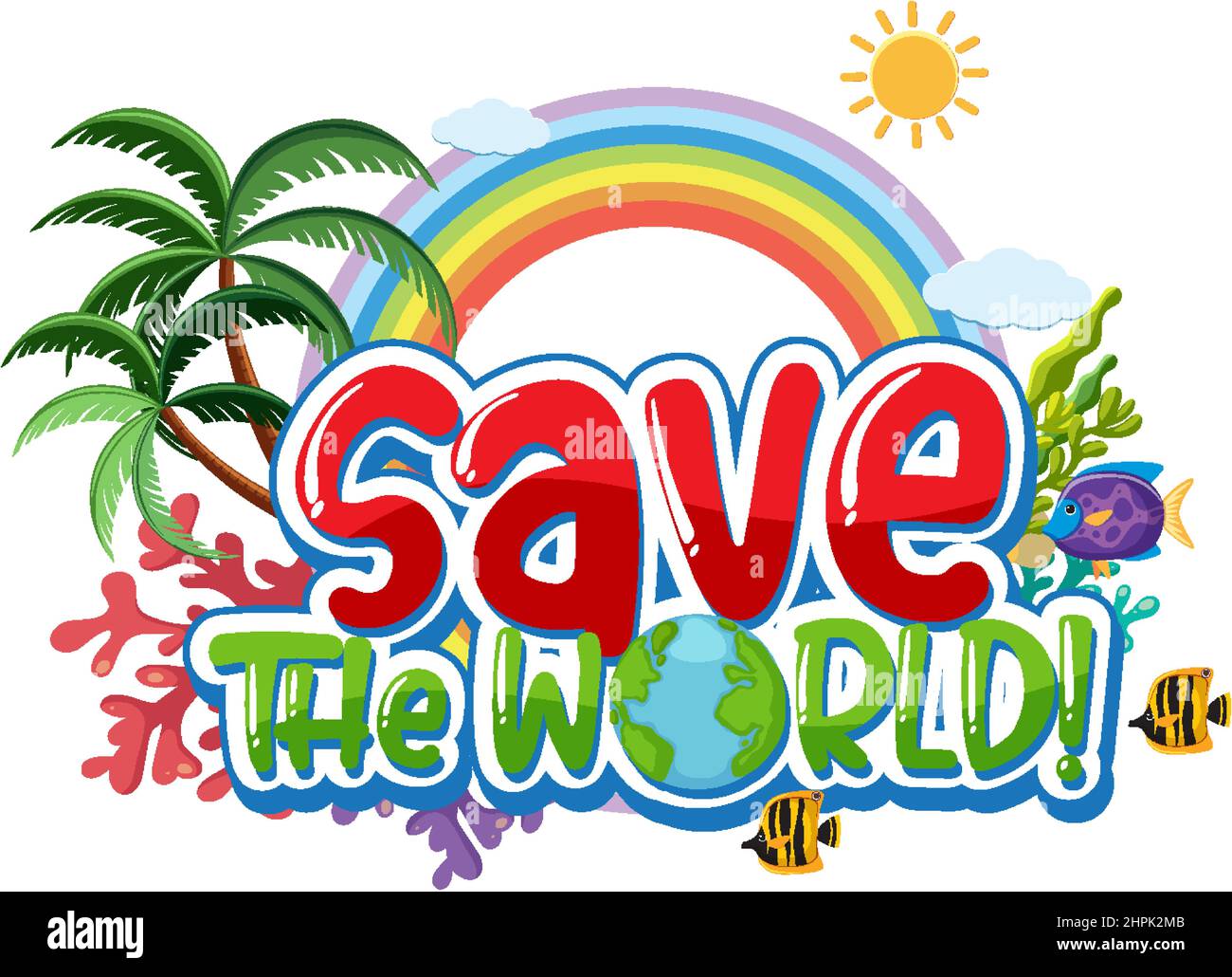 Save the world poster design with ocean animals and corals illustration