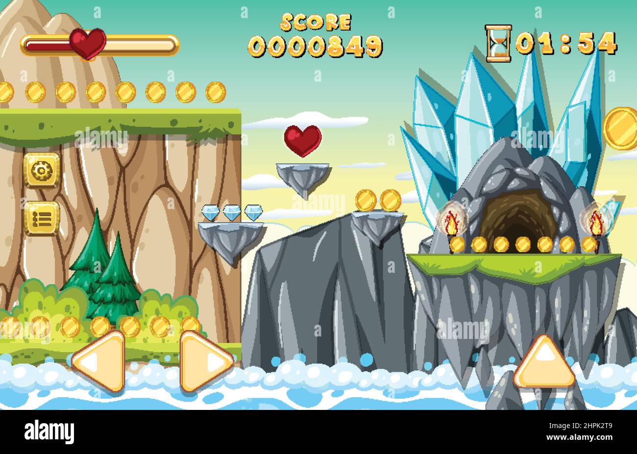 Collecting Coins Platformer Game Template illustration Stock Vector