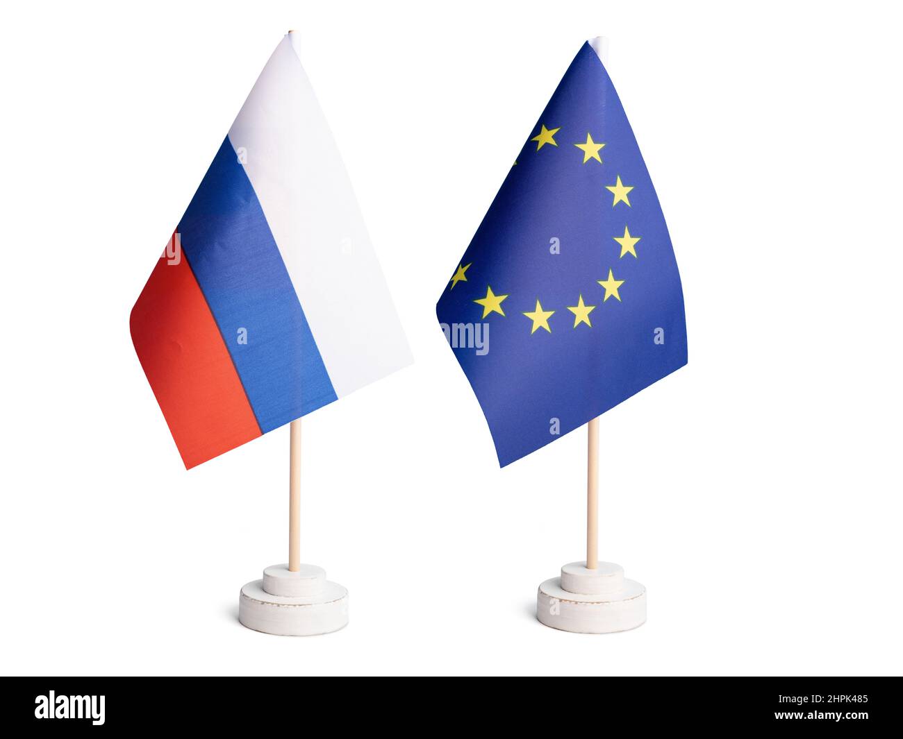 European Union and Russia table flag side by side isolated on white background Stock Photo