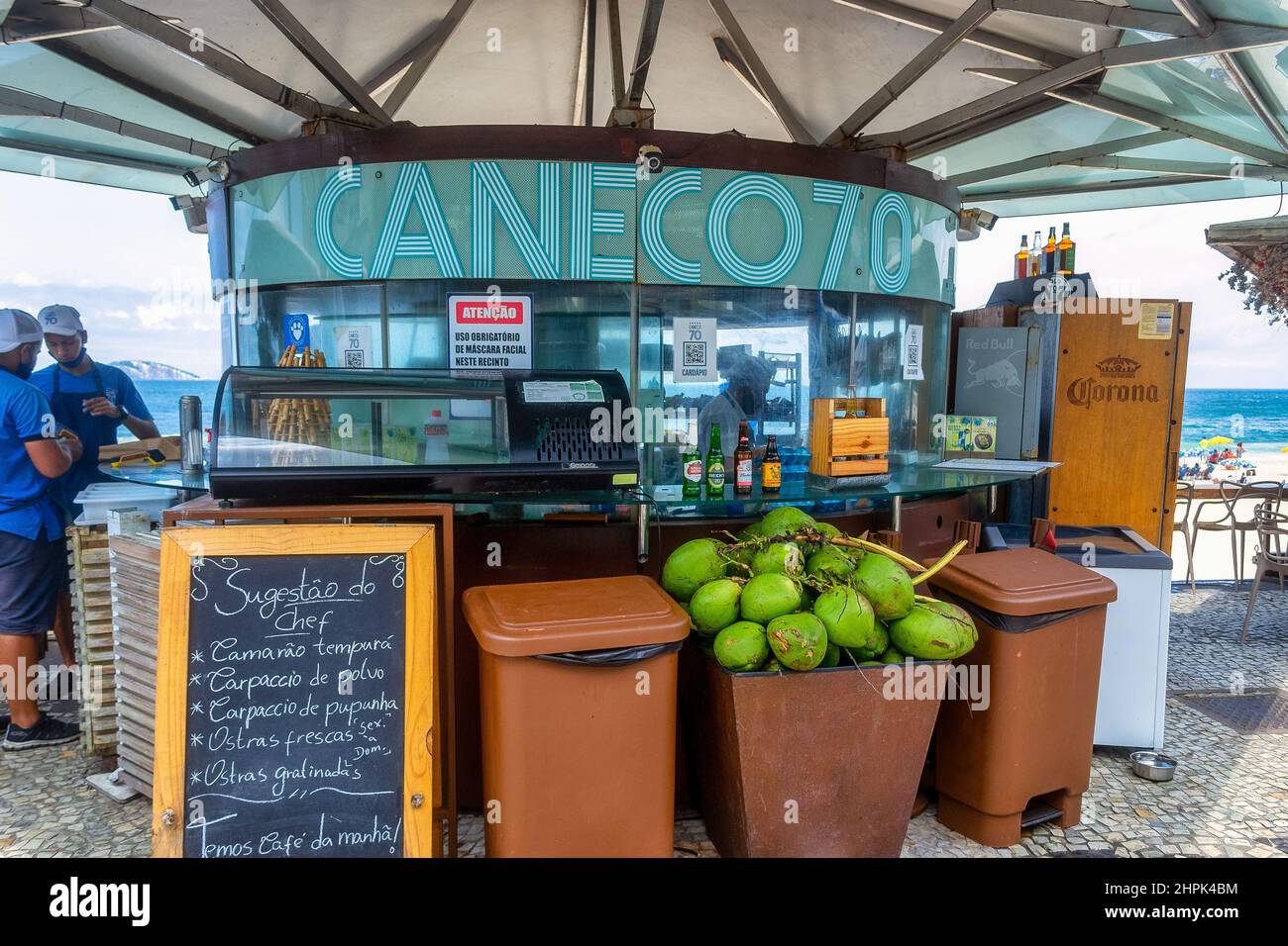 Small business selling coconut water and alcoholic drinks in the pedestrian walkway. Ipanema Beach is a famous place and a major travel destination in Stock Photo
