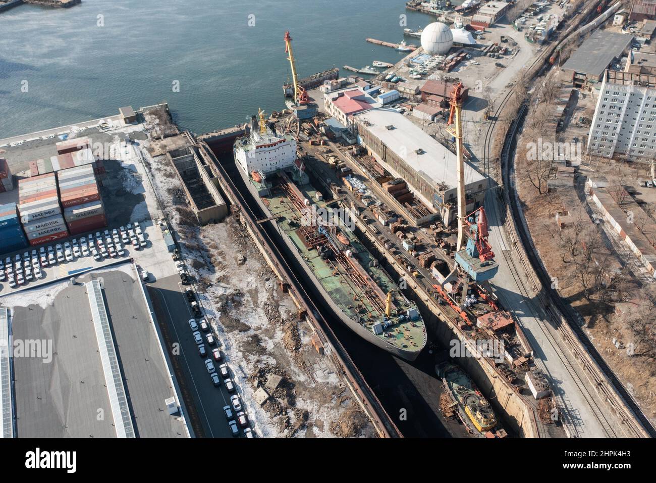 Vladivostok, Russia - February 5, 2022:A top view of the repair dock with the ship. Stock Photo