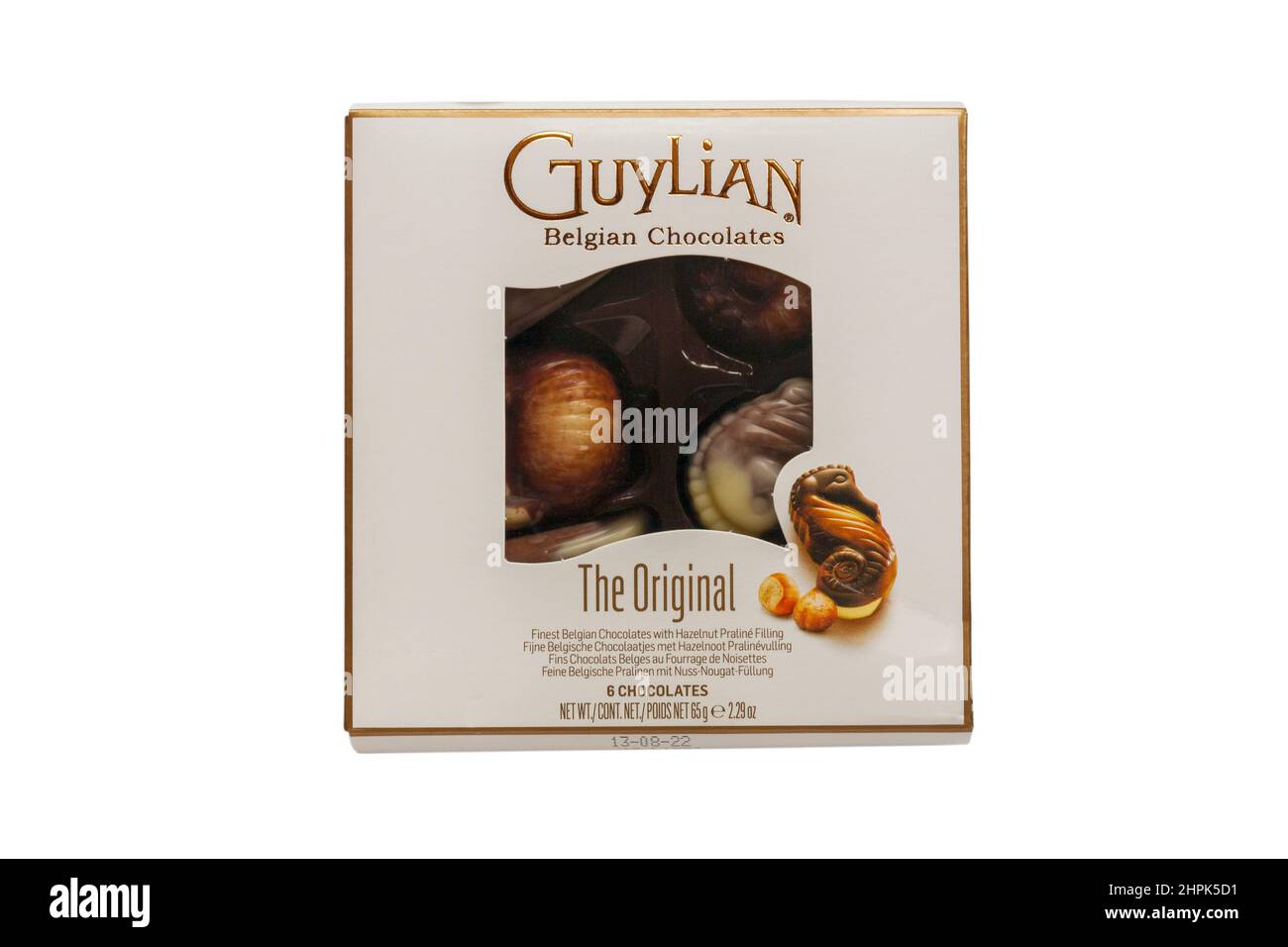 Box of Guylian Belgian chocolates seashells  The Original isolated on white background - finest Belgian chocolates with hazelnut praline filling Stock Photo