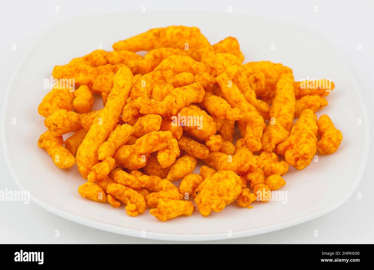 Food, Snacks, Spicy baked corn fries. Stock Photo