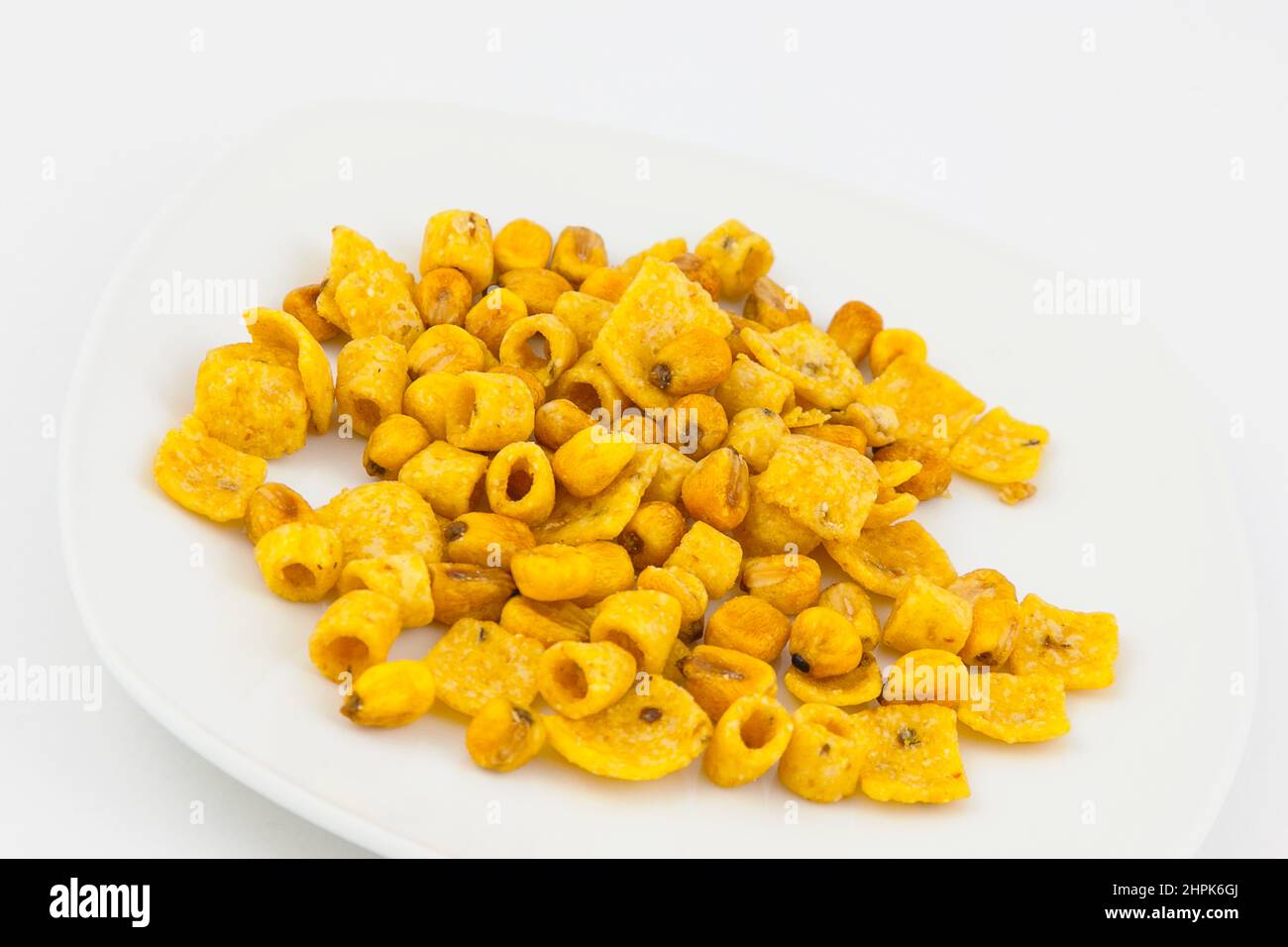 Food, Snacks, Barbeque flavoured baked corn shapes. Stock Photo