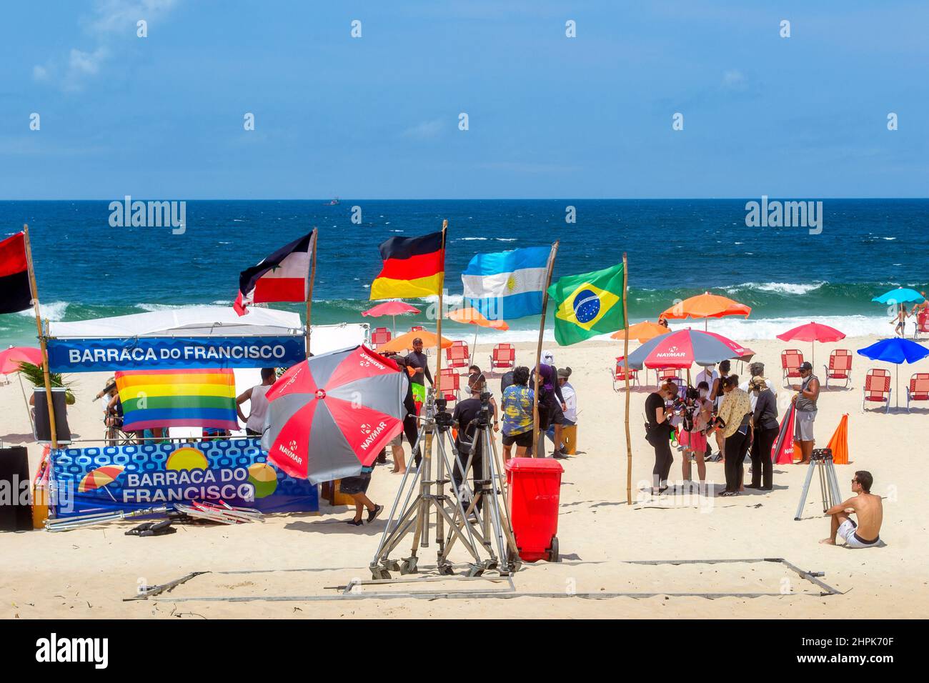 Filming or recording of a TV production in a sand kiosk with the inscription 'Barraca do Francisco'. Ipanema Beach is a famous place and a major trave Stock Photo