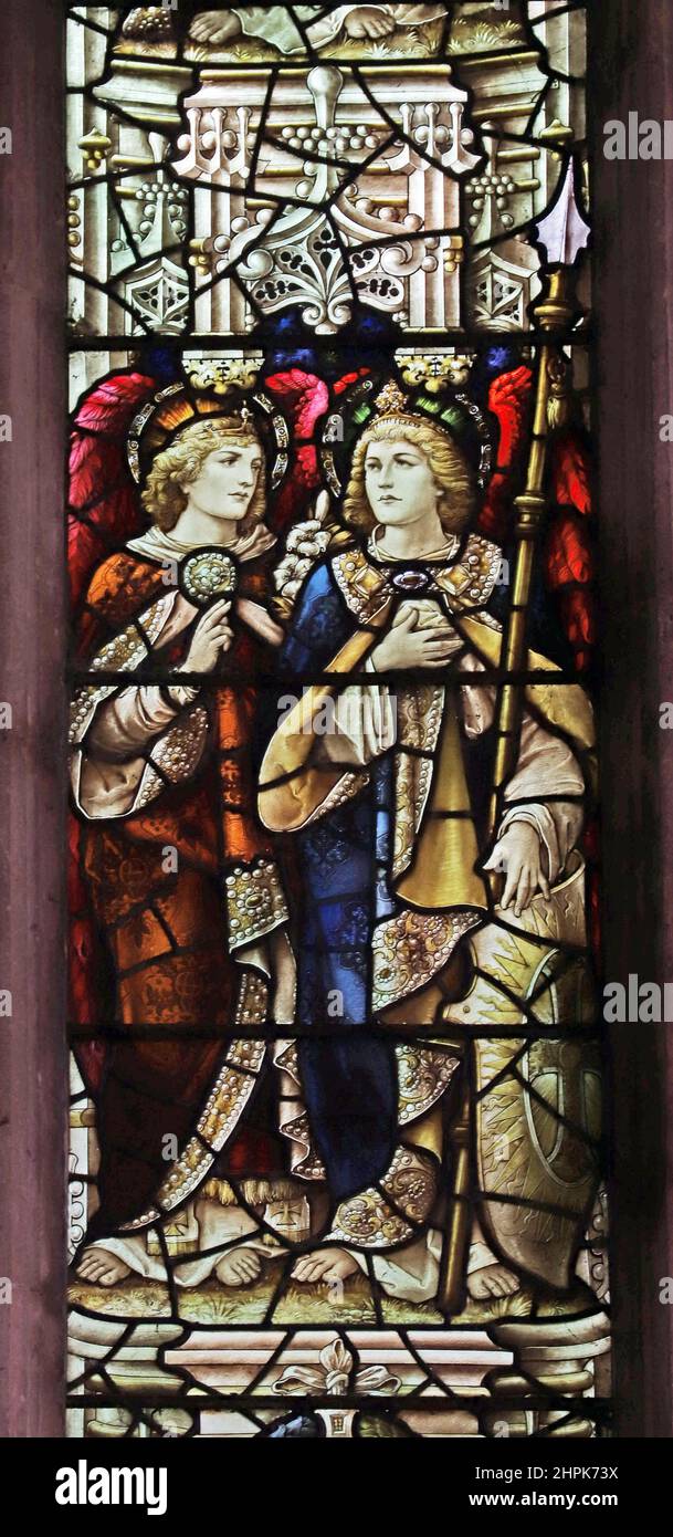 Stained glass window by Percy Bacon & Brothers depicting Angels Gabriel & Michael, St. Peter and St. Paul's Church, Watlington, Norfolk Stock Photo