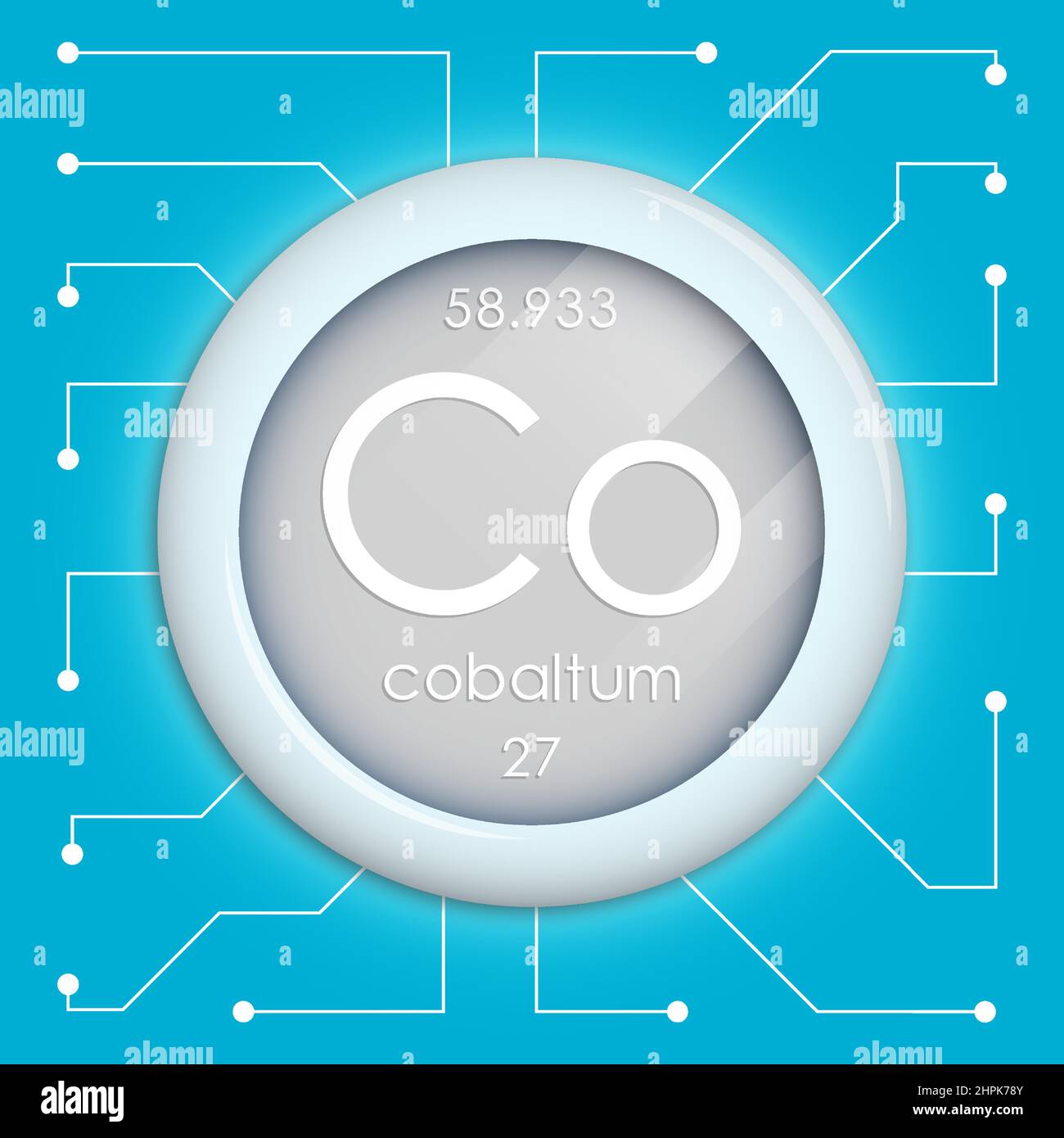 Realistic button with cobaltum symbol. Chemical element is cobalt. Vector isolated on white background Stock Vector