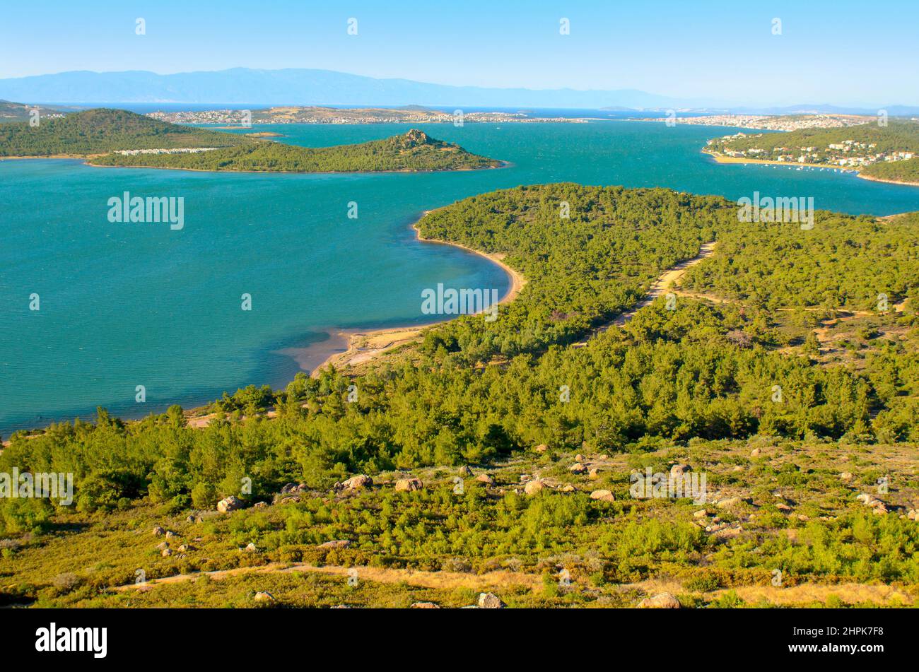 a view of the Mediterranean coastline, Greek islands, a lot of bays and bays. Stock Photo