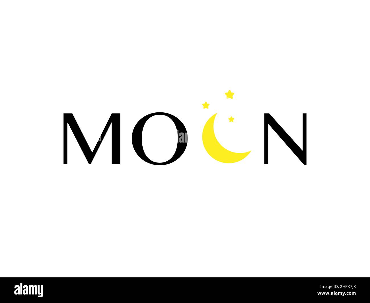 Moon stars font word icon illustration. Crescent moons logo sign vector business card background. Hand written yellow black alphabet element design Stock Vector